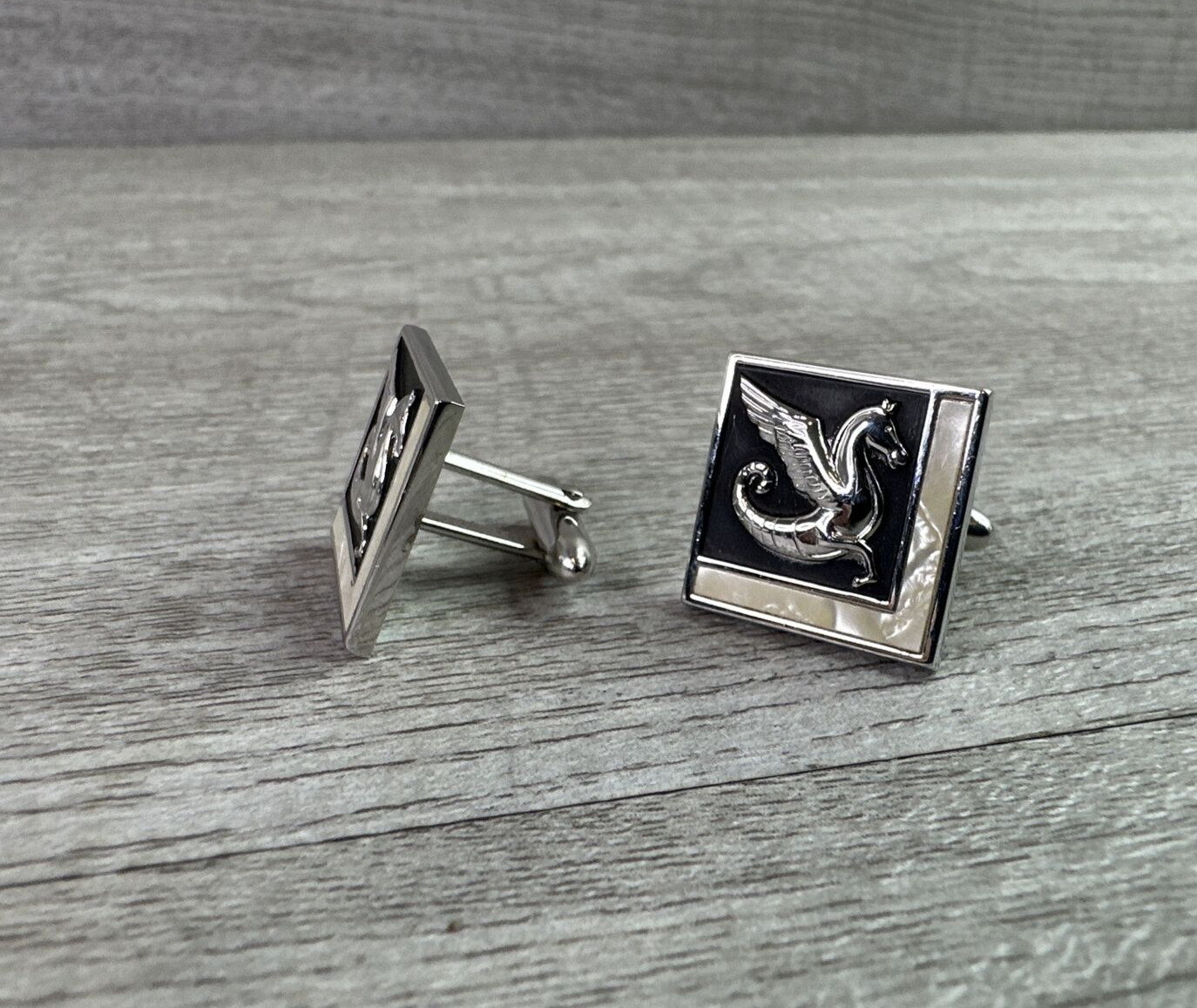 Vintage SWANK Cufflinks Square Silver Tone Black Dragon
