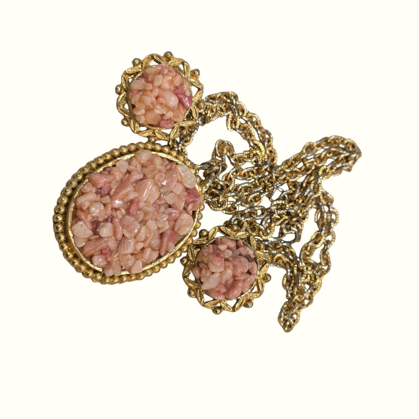 Vintage Pink Agate Chip Necklace and earring set Pendant retro costume Jewelry