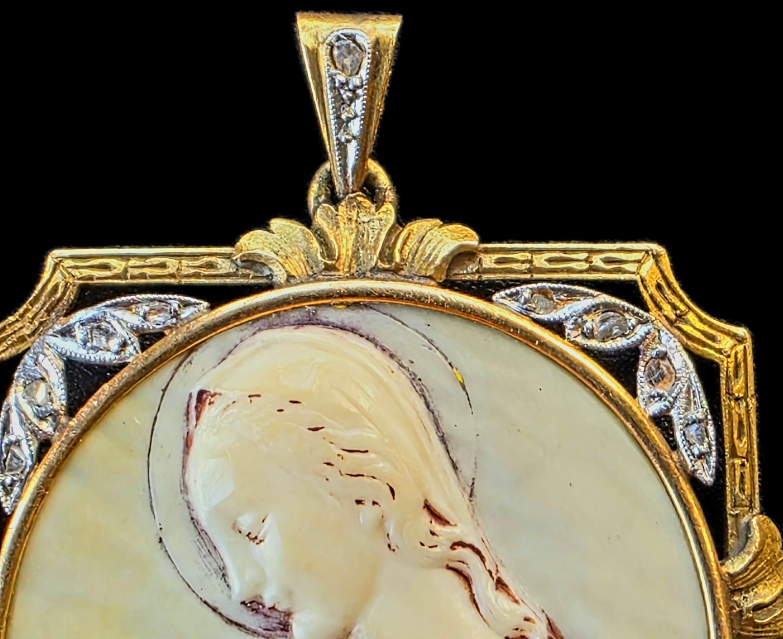 Antique Virgin Mary Medal Pendant 18k Gold Rose Cut Diamonds Catholic Art Deco