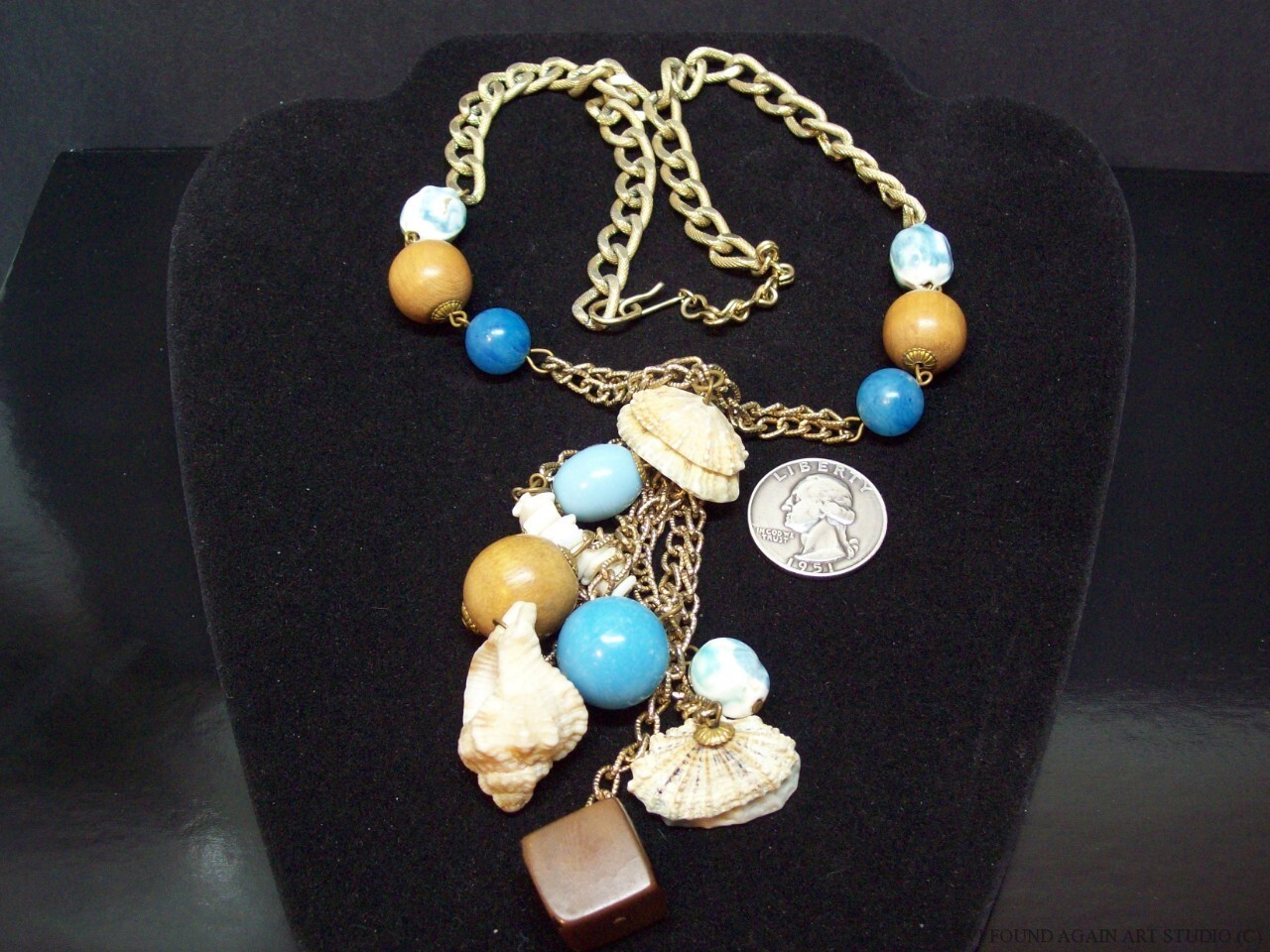 Real Shell Blue Ceramic Wood Beads Chain Necklace Vintage Boho Gold Tone Tassel