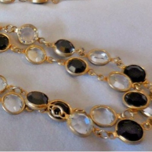 Vintage Swarovski Crystal Necklace Black & Clear Signed Gold Tone double strand