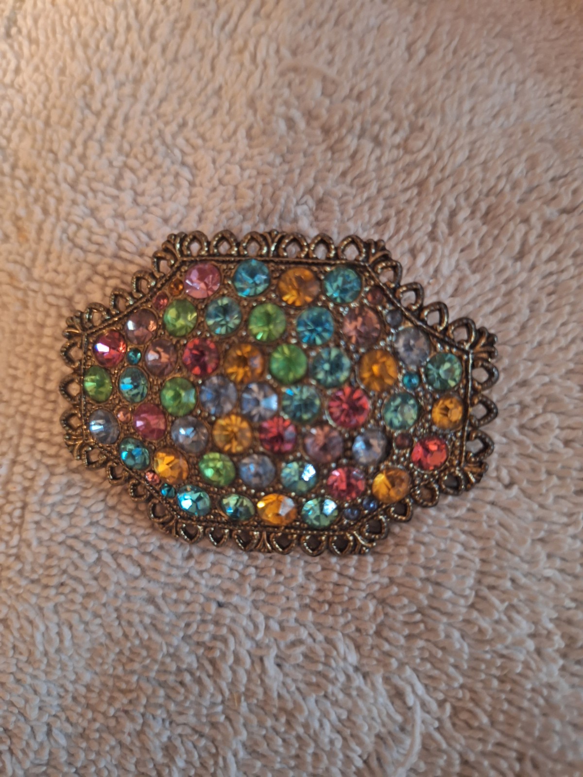 Multi-Color Pastel Rhinestone Crystals Large Vintage Filigree Brooch