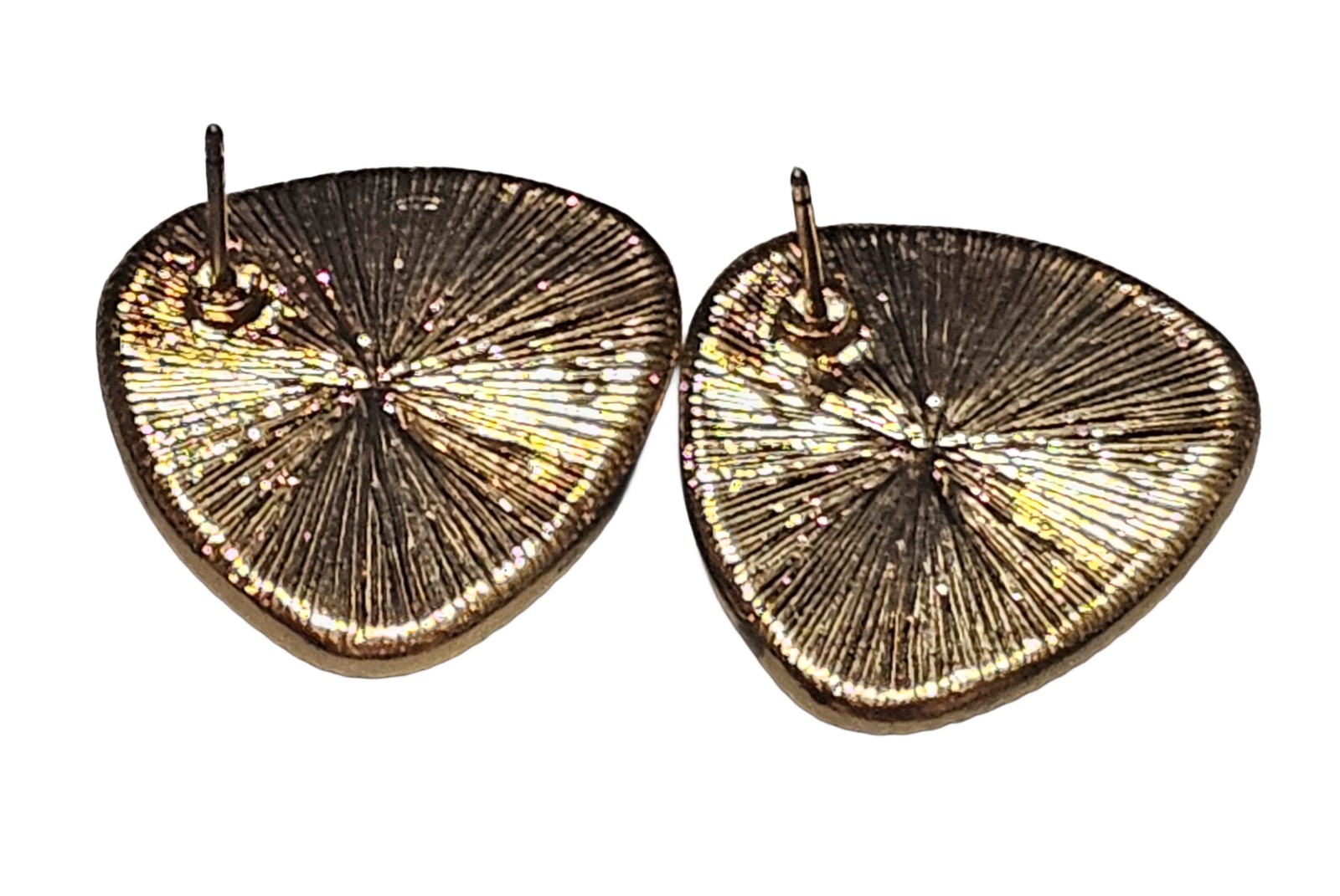 Vintage Retro Green Trillion Cabochon Stud Earrings Gold Tone Textured Border