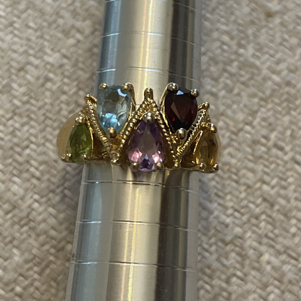 Vintage HSN Gold-Tone Ring 6 Multicolor Pear Cut Zig Zag CZ Stones Cluster