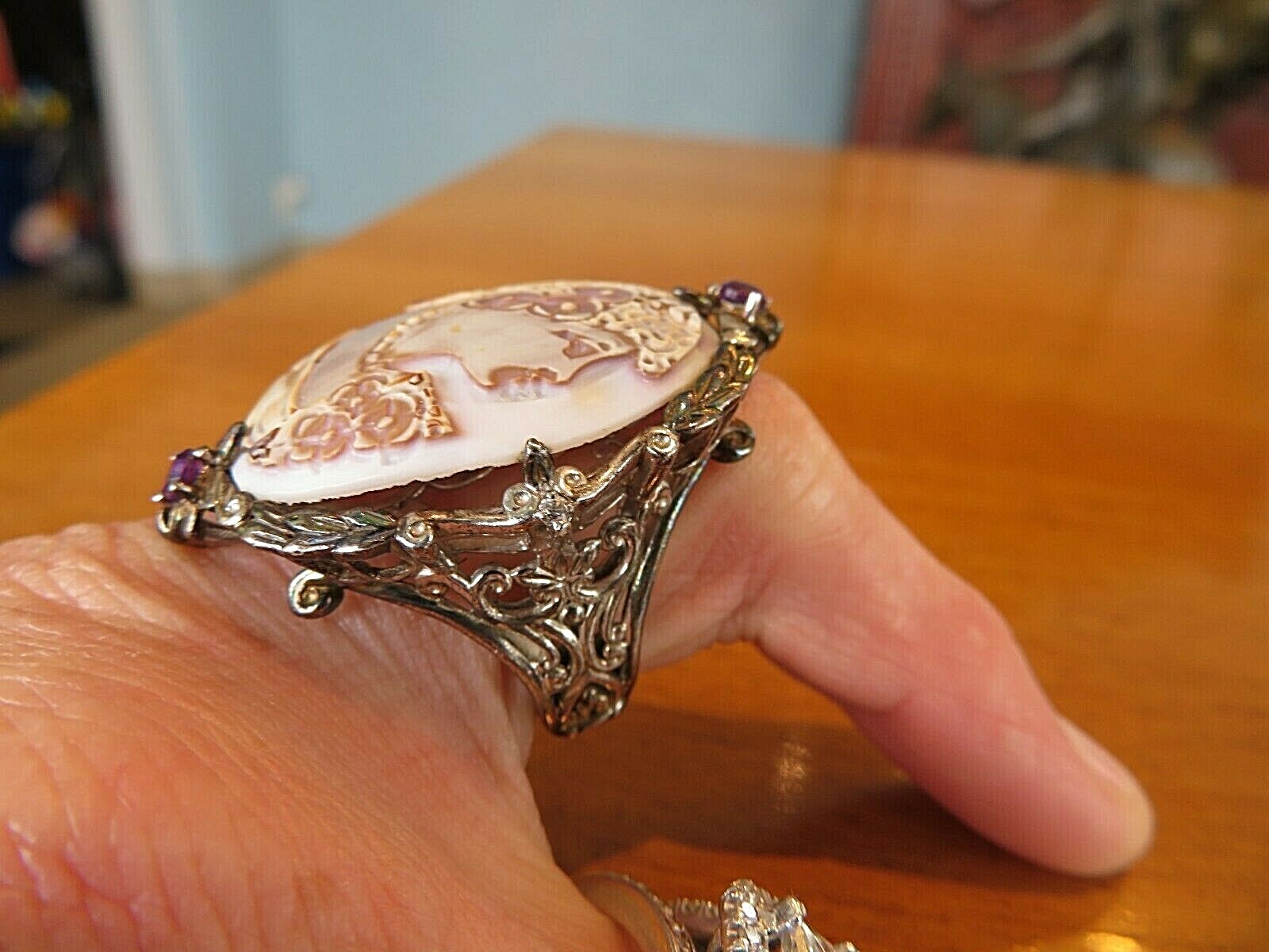 VINTAGE STERLING SILVER CARVED CAMEO AMETHYST RING SIZE 7 39X28MM
