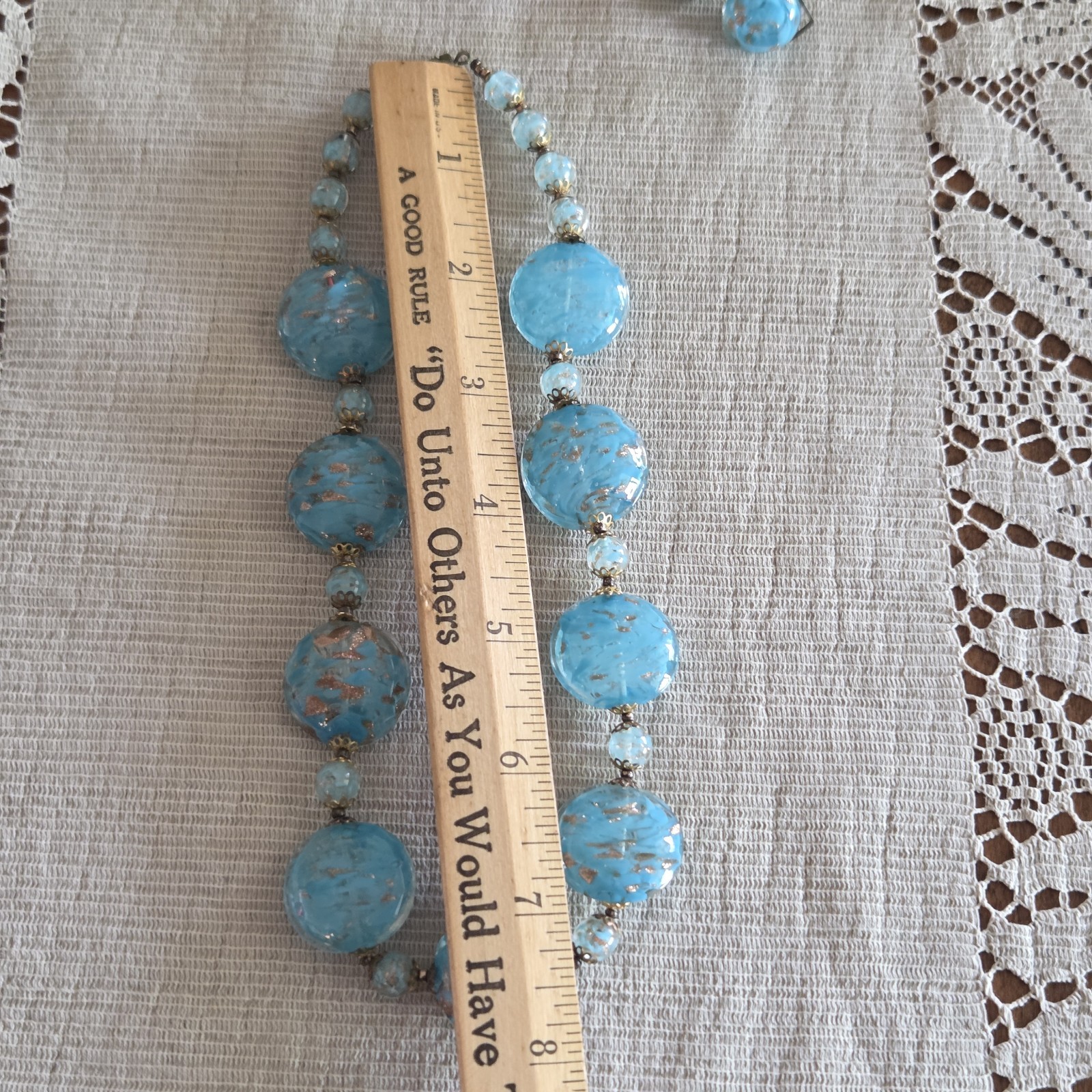 Vtg Light Blue Gold Foiled Venetian Art Glass Necklace & Clip-On Earrings Italy