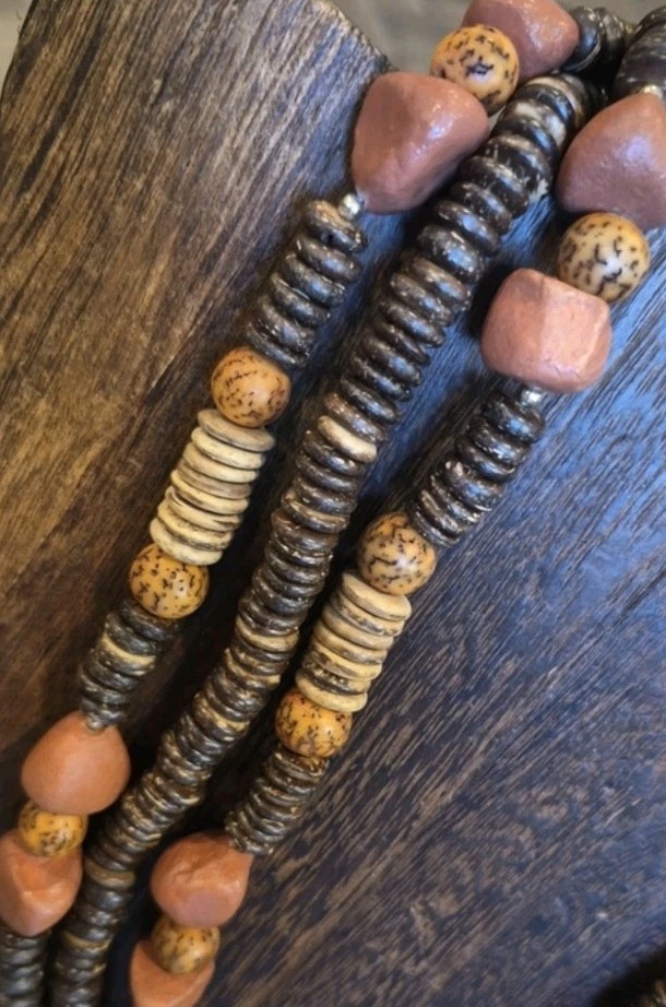 Vtg Artisan Handcrafted Triple Strand Earth Tone Beaded Necklace, Hook Closure