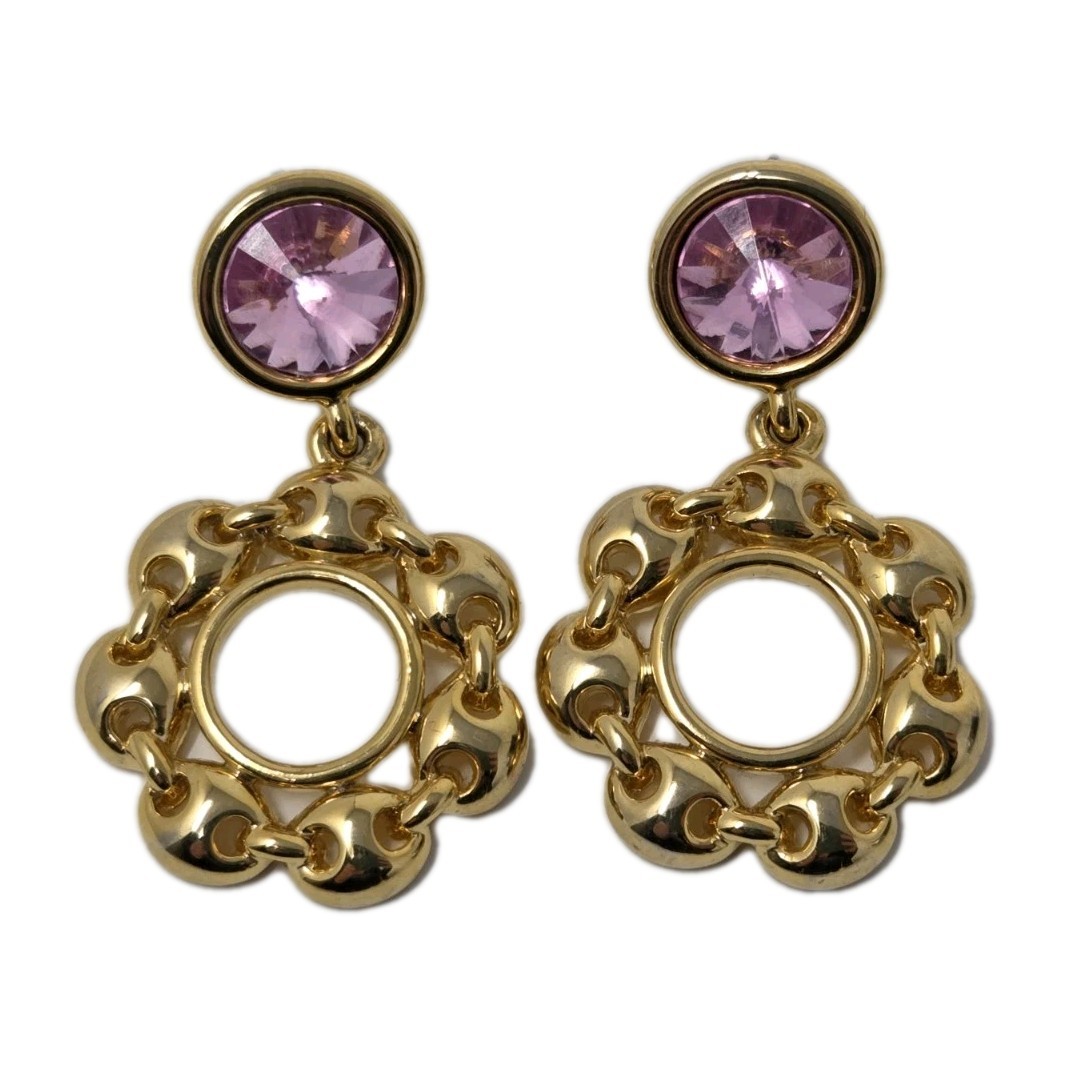 Gold Tone & Pink Acrylic Rhinestone Dangle Drop Hoop Earrings Vintage 1.7 Inches
