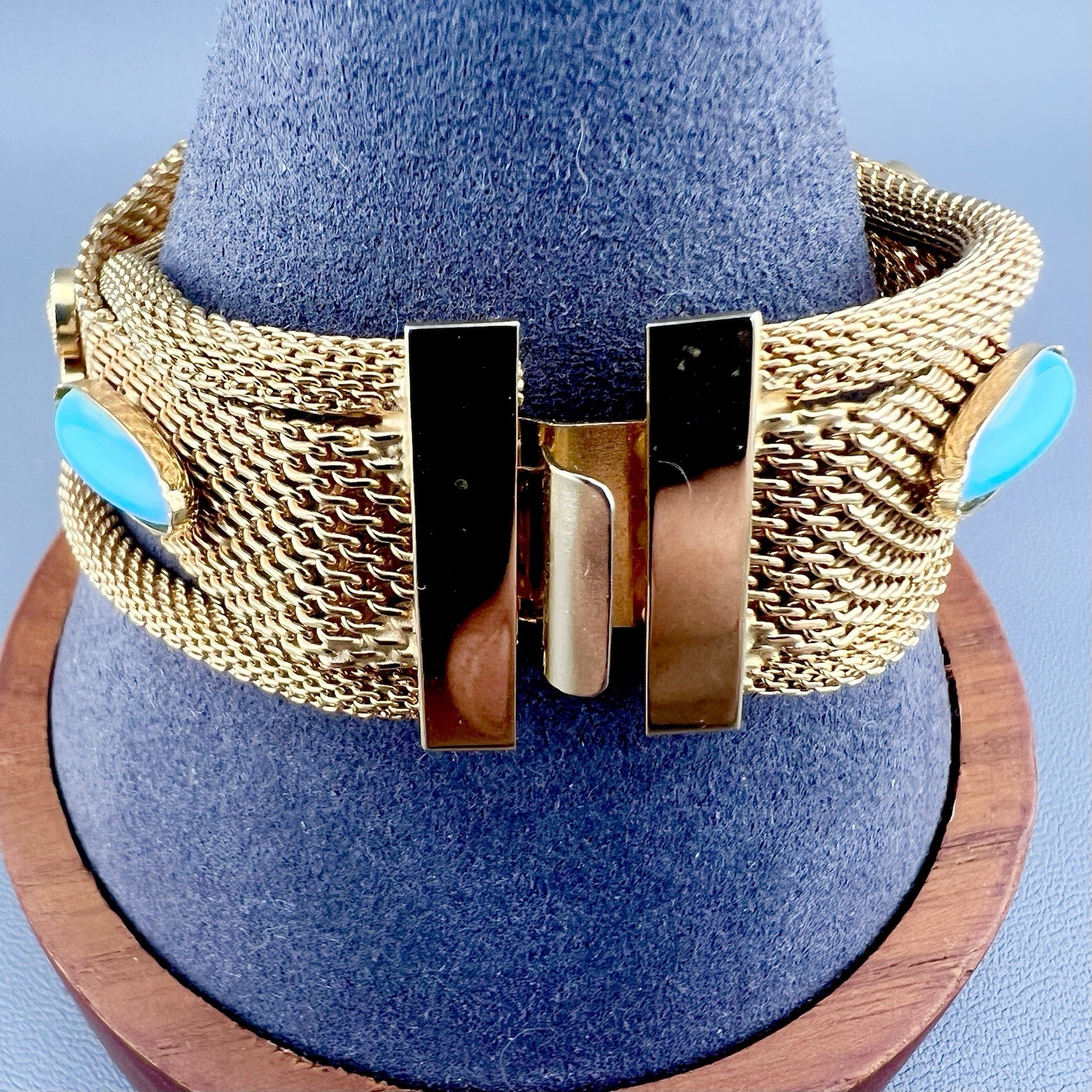 Vintage Mesh Bracelet Gold Tone Blue Cabochon Filigree 6.75”