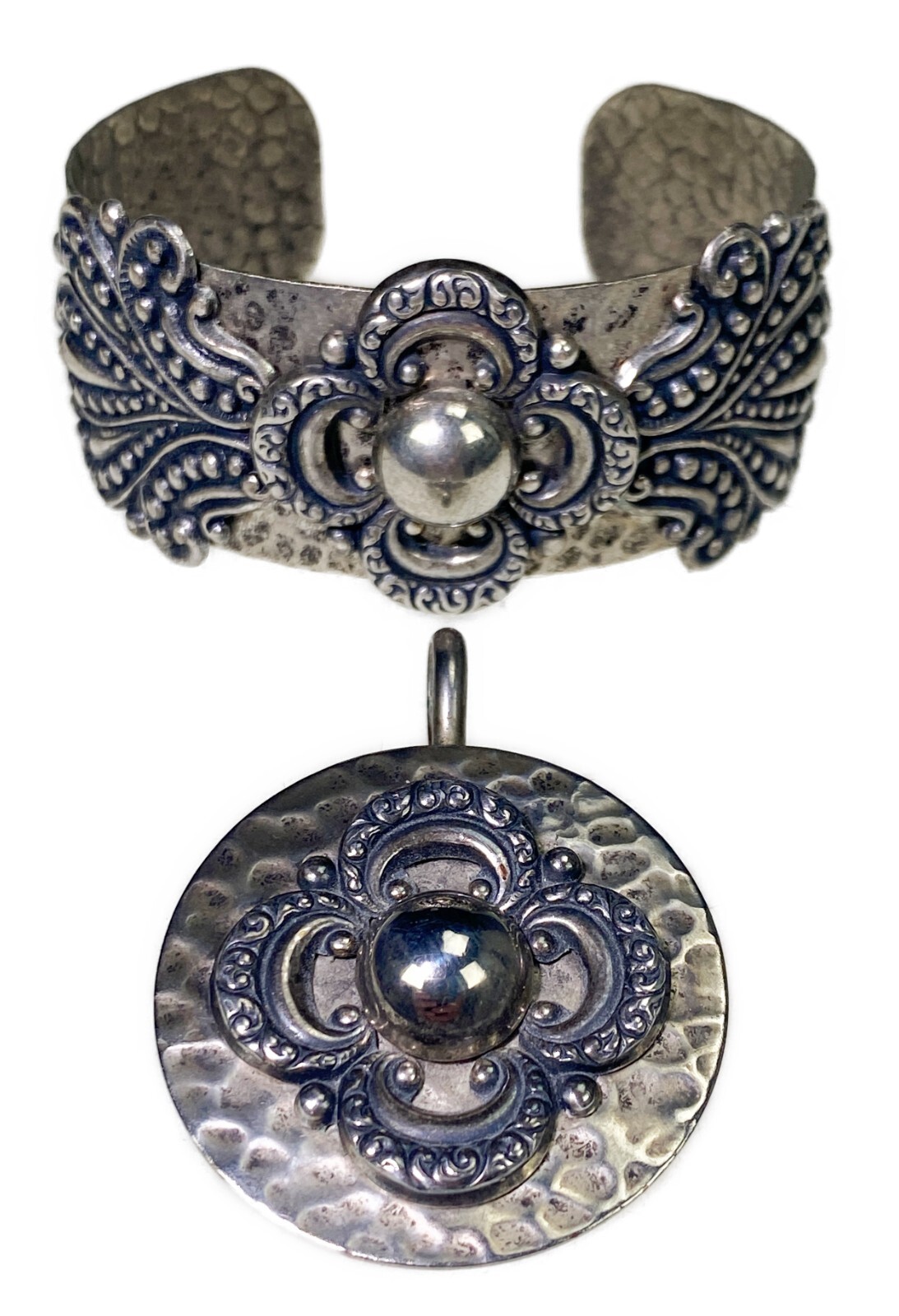 Cuff Bracelet Matching Pendant Drop Hammered Metal Silvertone Costume Jewelry