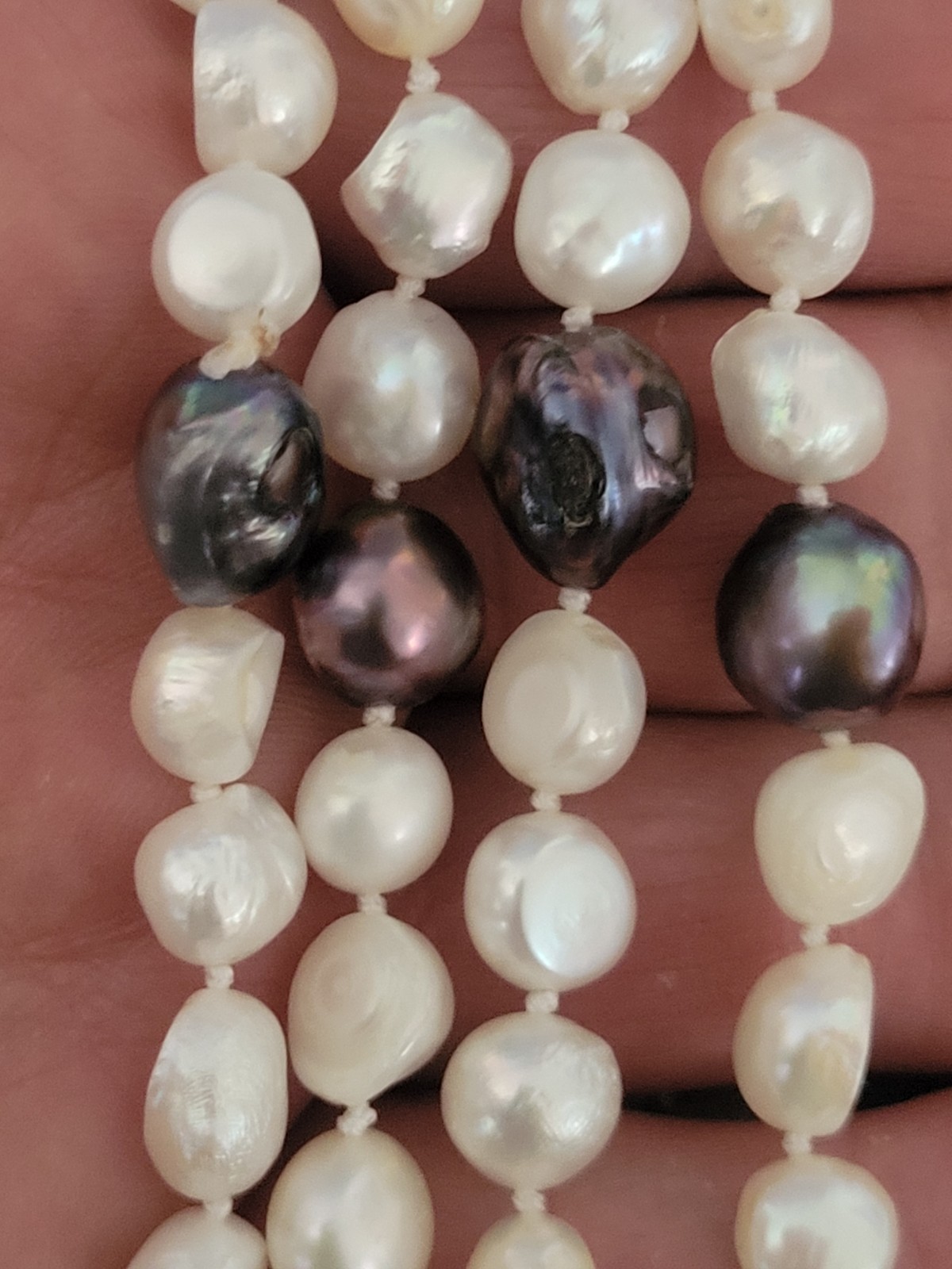 52″ Knotted Baroque Freshwater Pearl Rope Necklace Dark Iridescent Accent Pearls