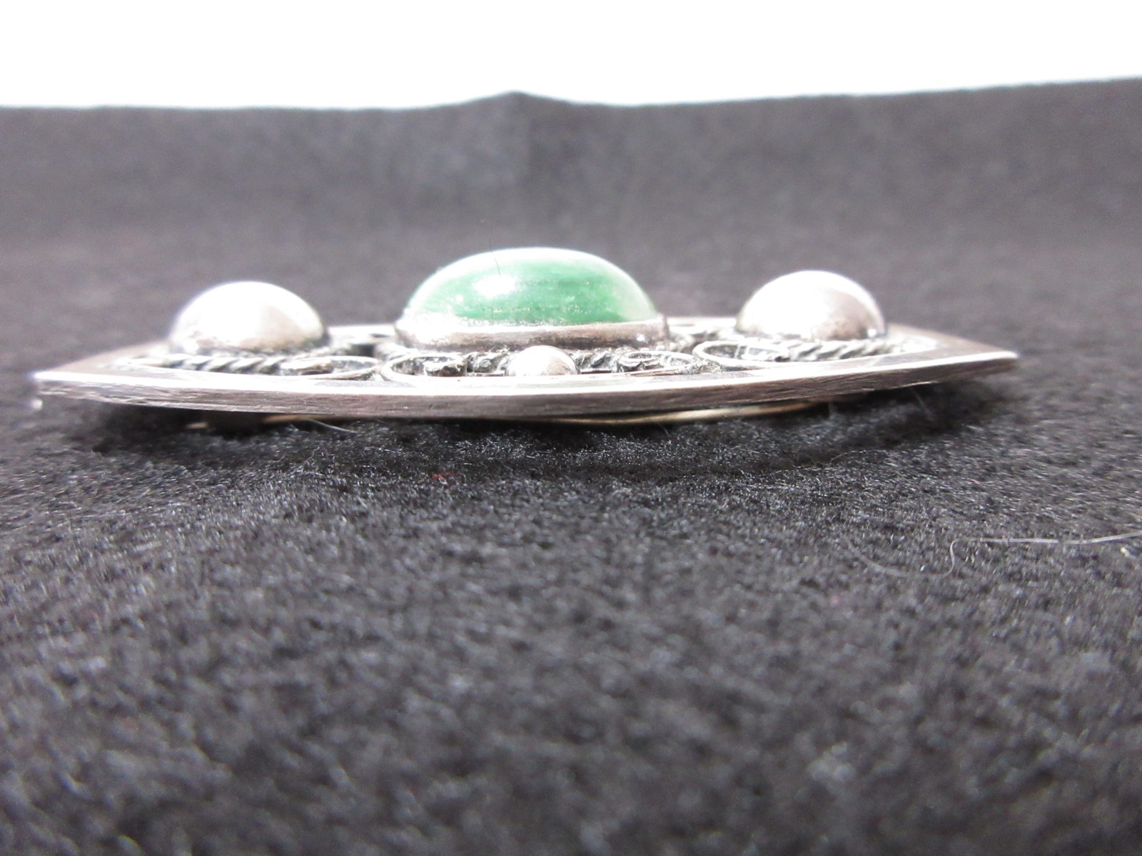 Antique Sterling Silver & Green Cabochon Stone Brooch Mexico Intaglio 980 NICE