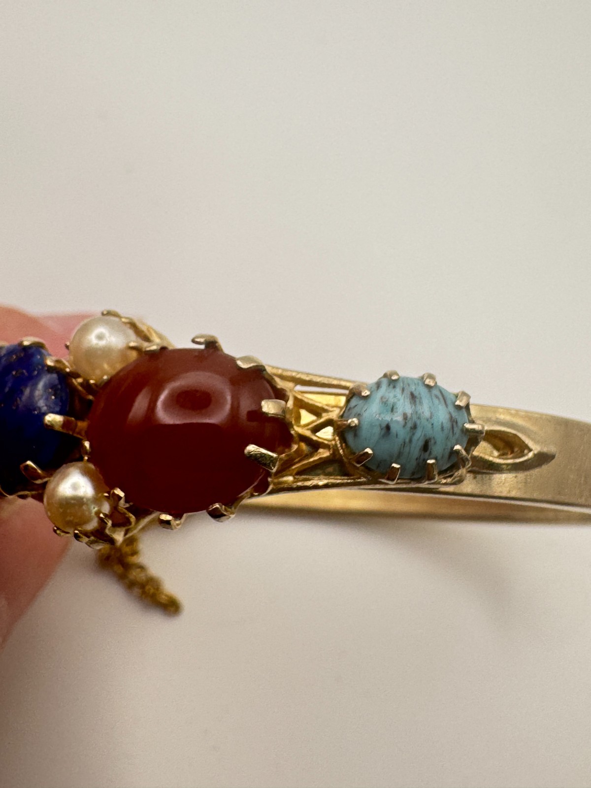 Vintage Cabochon Bracelet Green Blue Hinged Bangle Victorian Revival