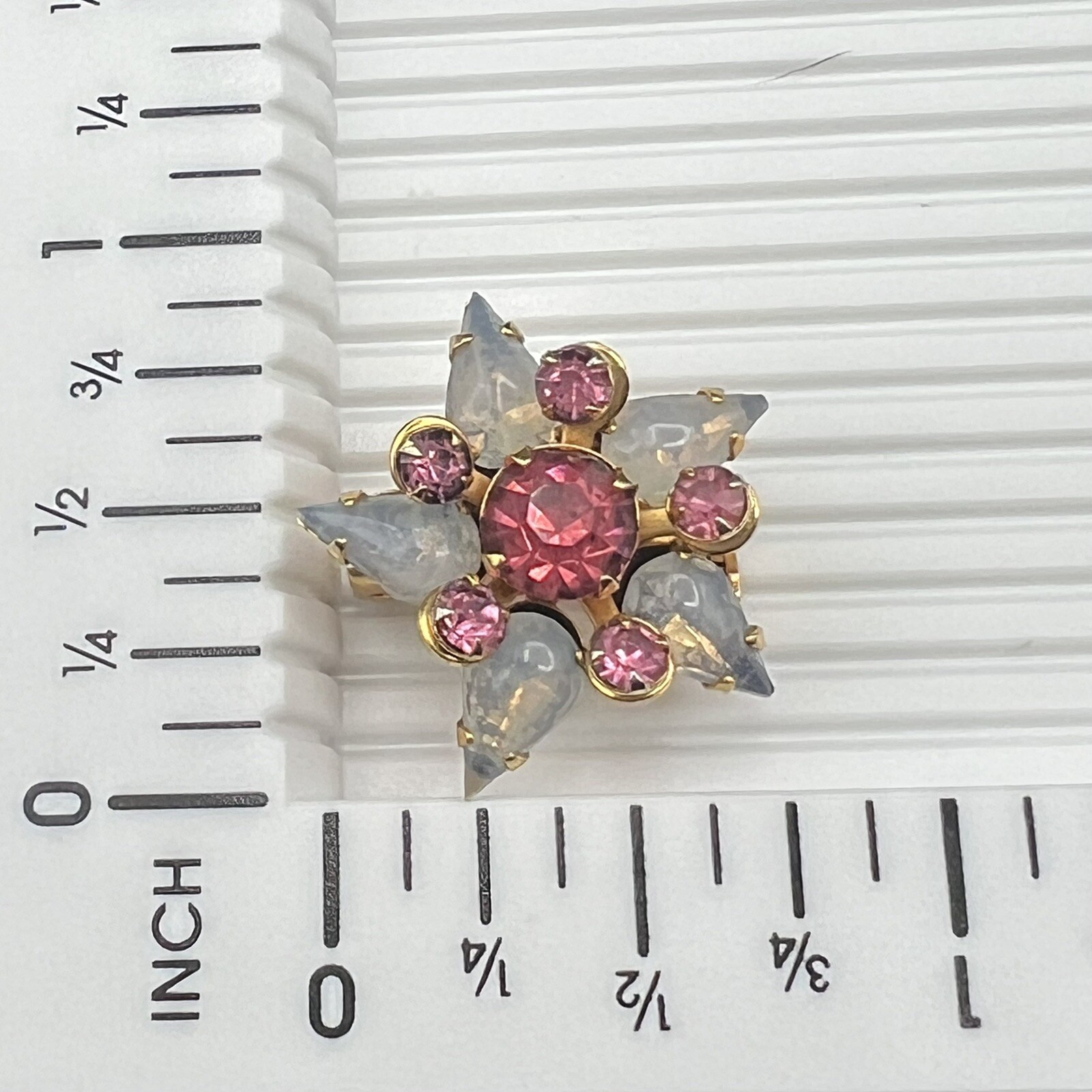 Vintage Pink Rhinestone & Blue Gray Glass Mini Brooch Gold Tone Pin 7/8″