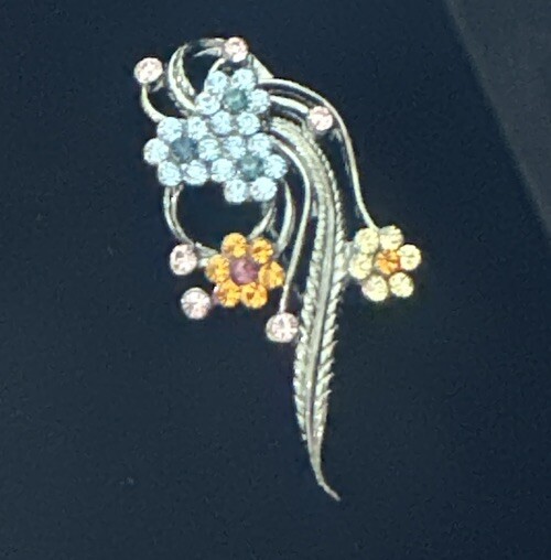 Vtg Flower Spray Brooch Pink Blue Yellow Red Orange Crystals Gunmetal Silver 2″