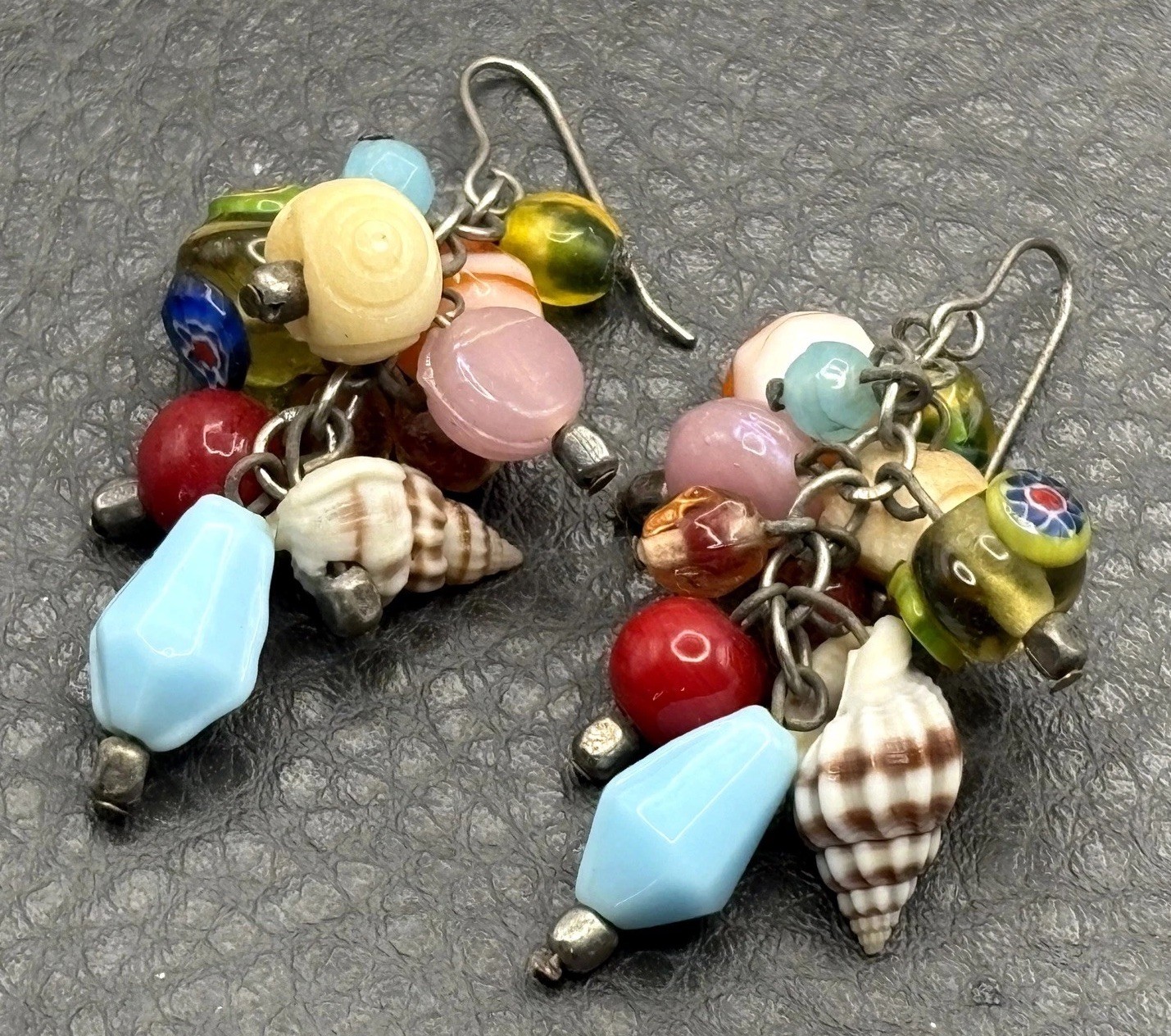 Vintage Multicolor Italian Art Glass Bead Charm Dangle Drop Earrings Shell