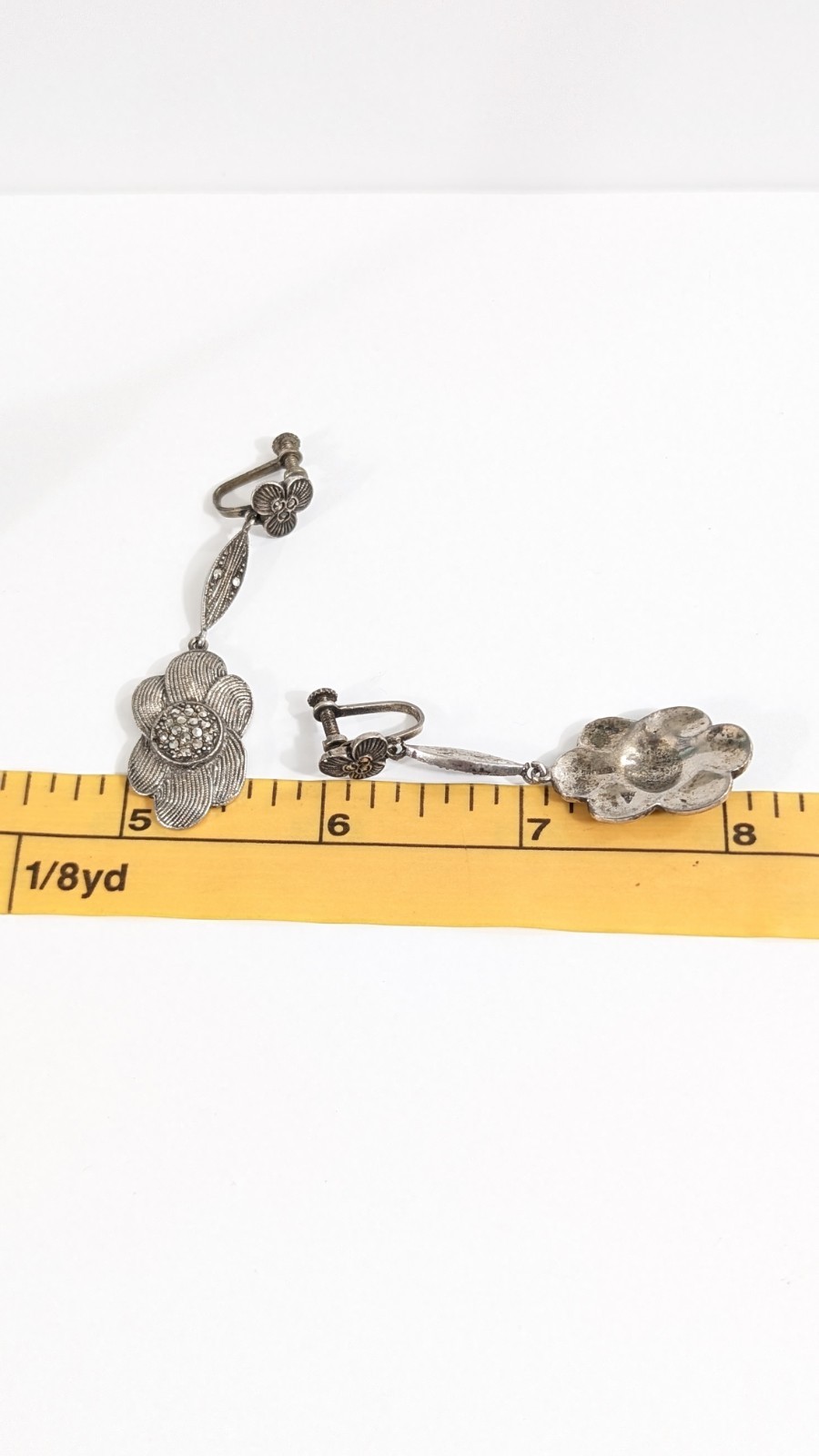 Art Deco Sterling Silver Marcasite Drop Flower Earrings – 925 Vintage