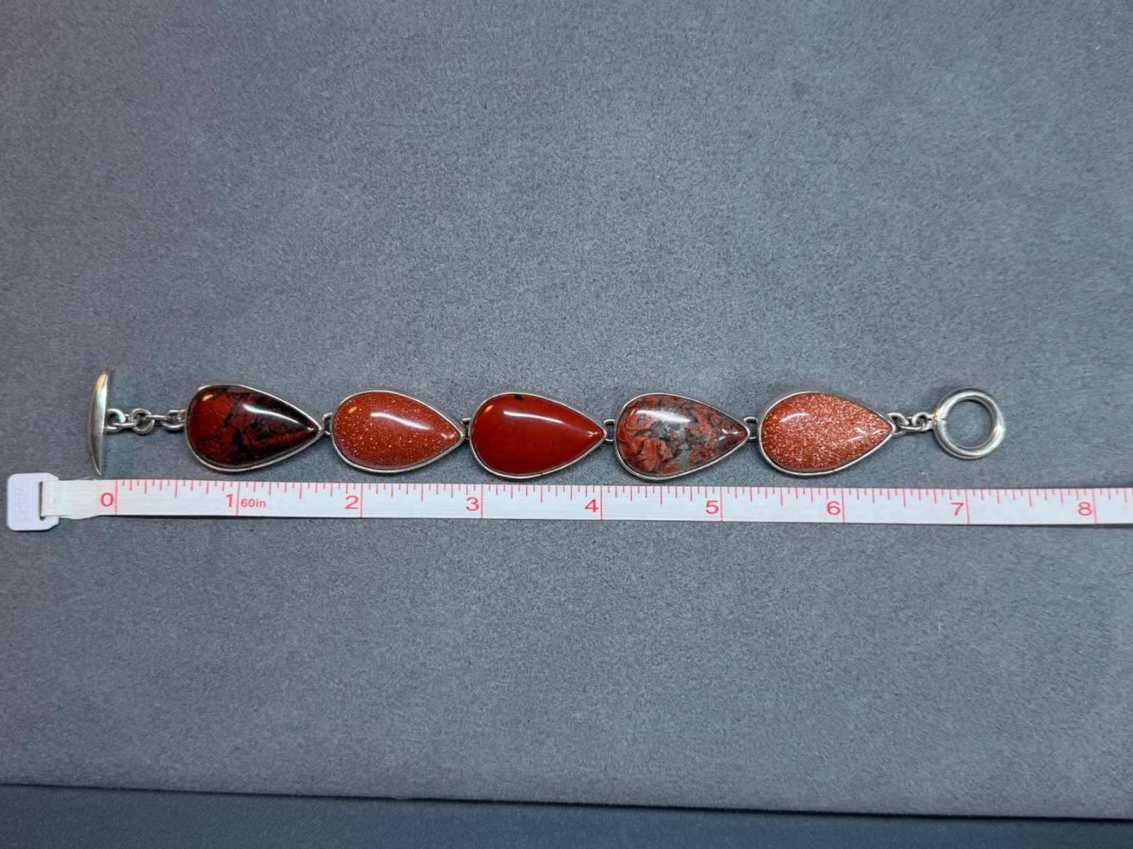Vintage LOS CASTILLO Mexico Sterling Silver Red & Poppy Jasper Cabochon Bracelet