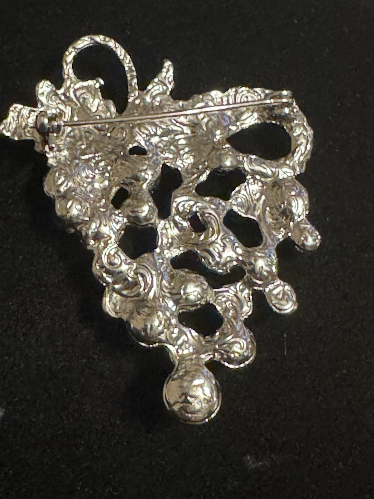 1928 Bunch Of Grapes Brooch, Metal with Faux Gray Pearls and White Rhinestones
