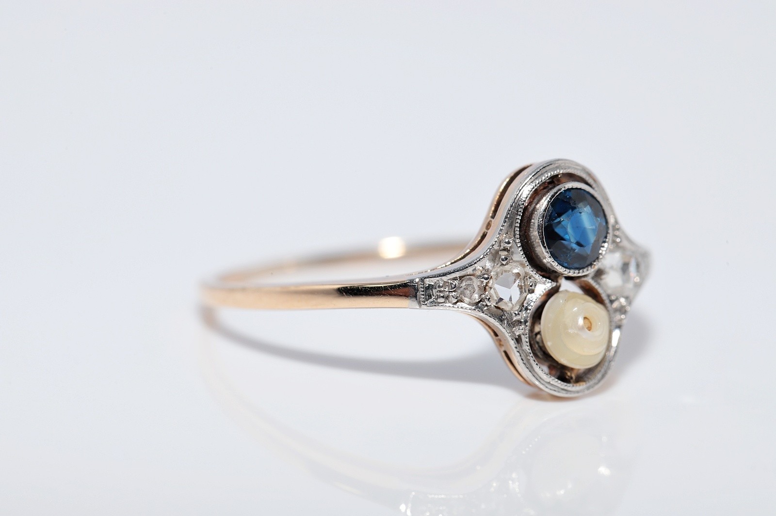 Antique Circa 1920s 14k Gold Natural Rose Cut Diamond And Sapphire Pearl Ring