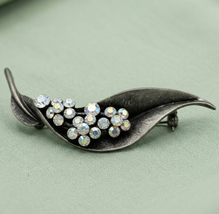 Vintage Rhinestone Brooch Pewter Leaf Shape AB Stones Spring Garden party Elegan
