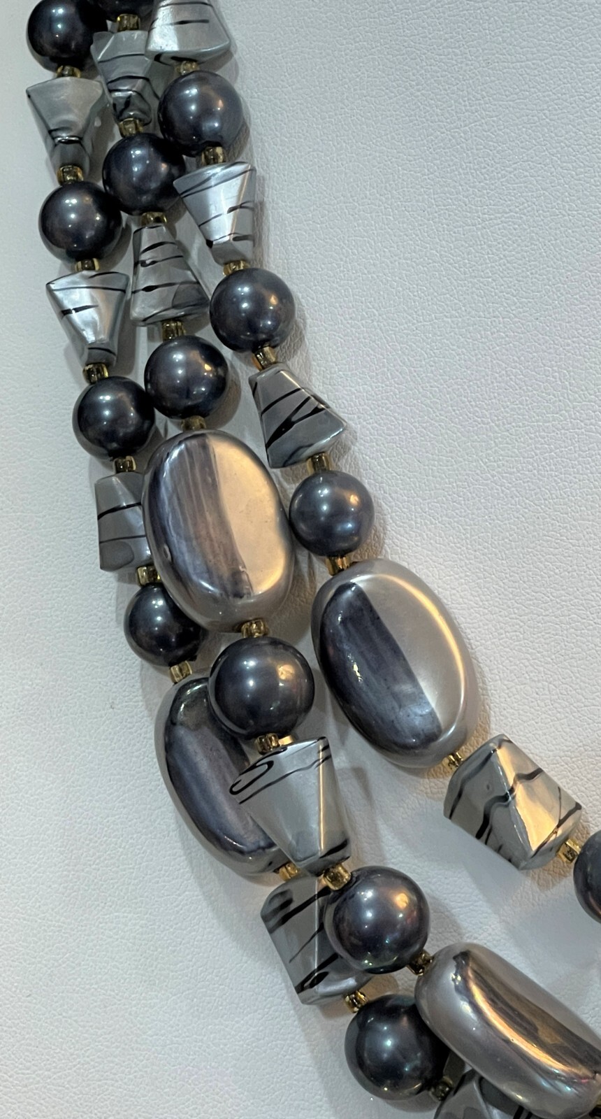 Vintage Hong Kong Marbled Gray Beads Different Shapes Multi Strand Necklace