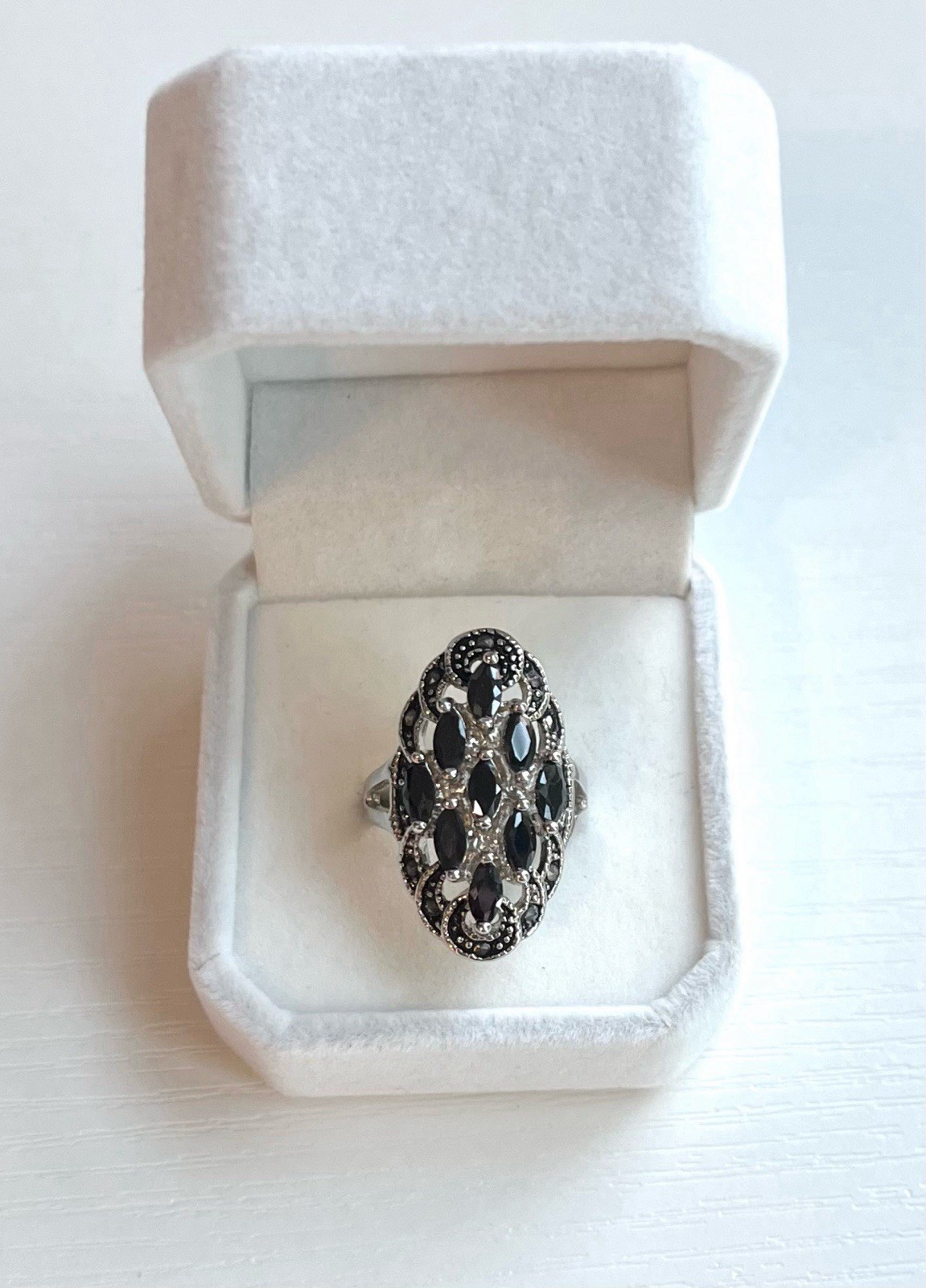 Vintage Silvertone Marcasite Black Stone Ring Size 9 With Matching Earrings.