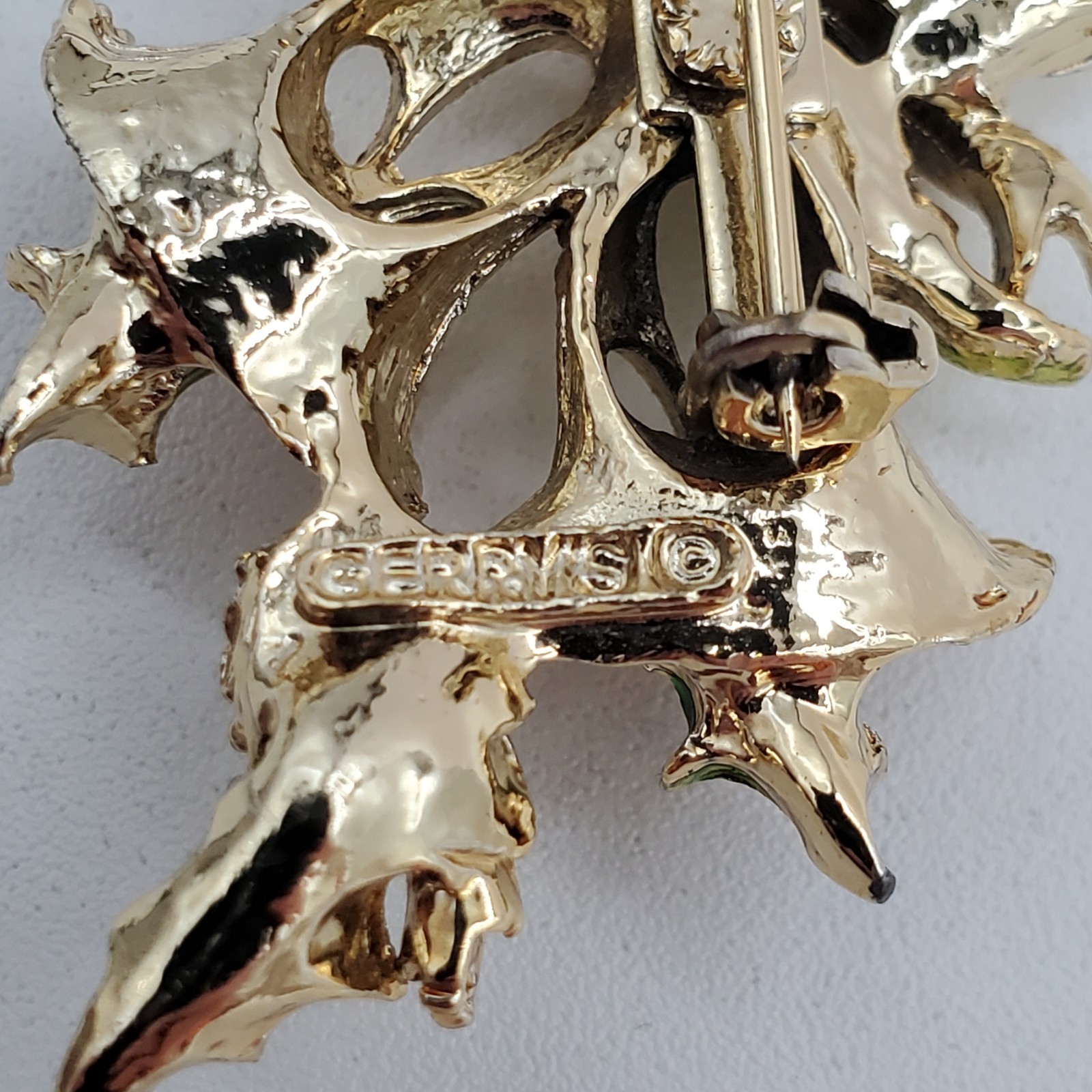 Gerrys Christmas Bells Brooch 2in Gold Tone Enameled Holly Pine Cone VTG Estate