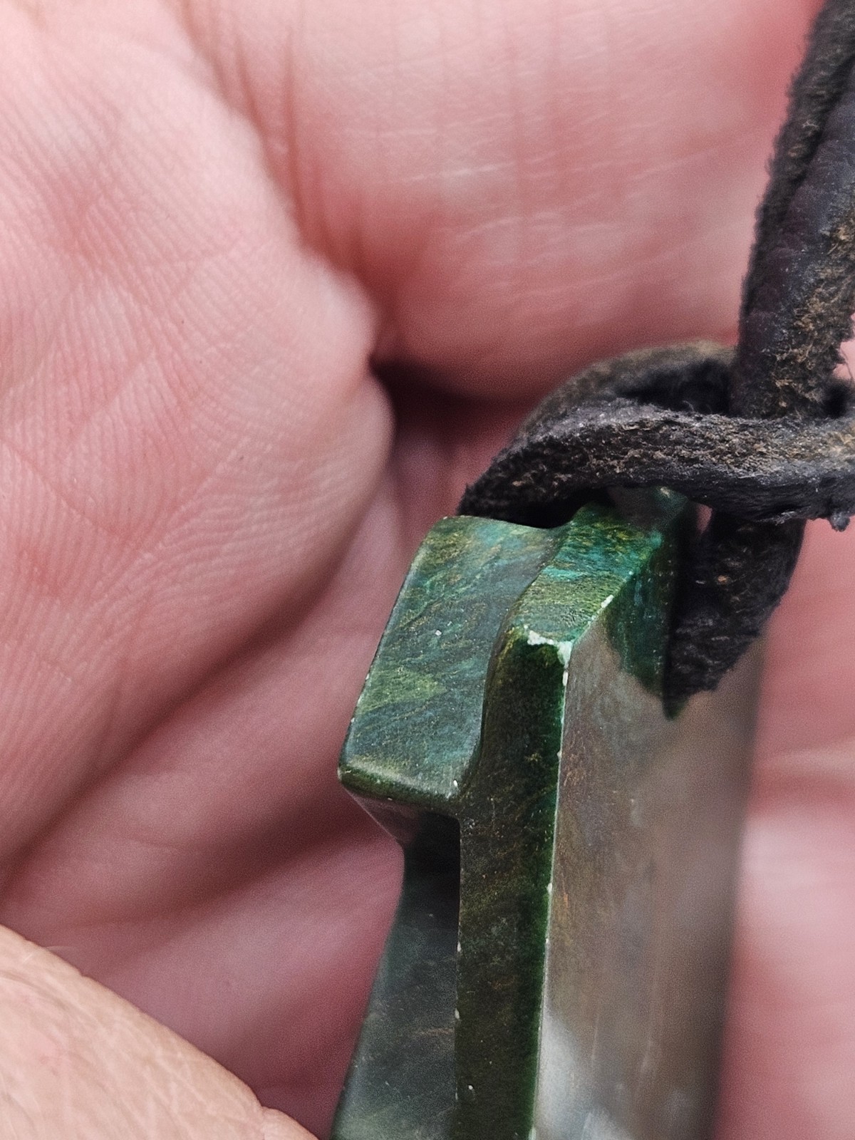 Vintage Carved Green Stone Pendant Leather Cord Necklace