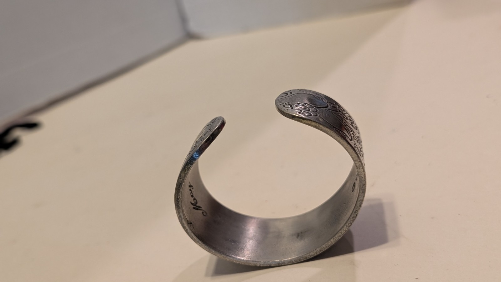 Salisbury Pewter Floral Cuff Bracelet Signed Macy Silver Tone Wide Etched Bangle