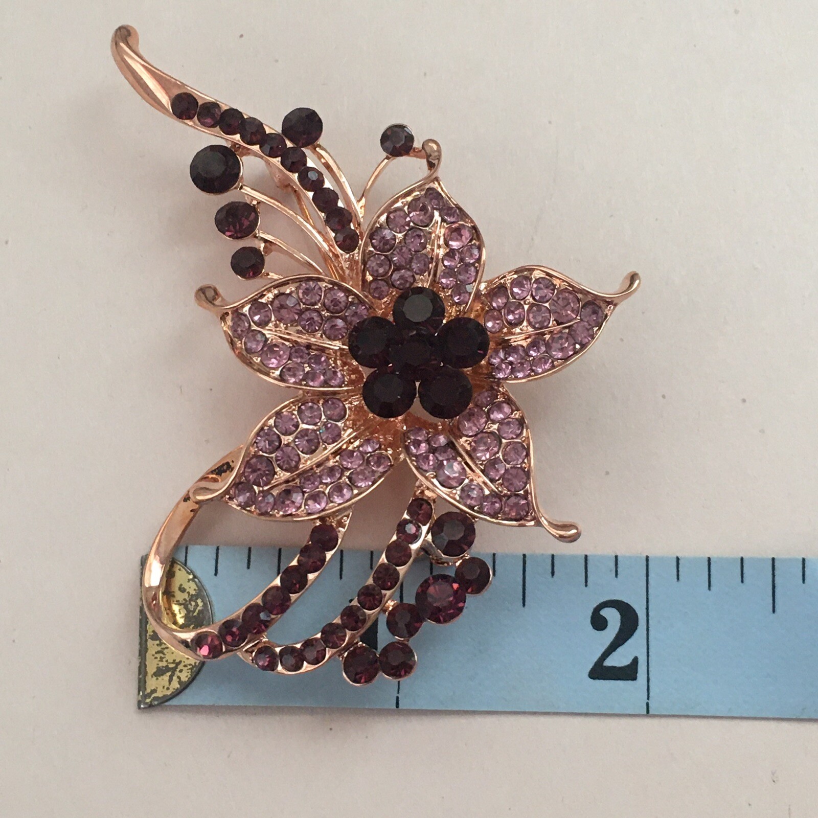 Vintage Brooch Flower Rhinestones Gold Pin Nature Floral Purple Plants Beautiful