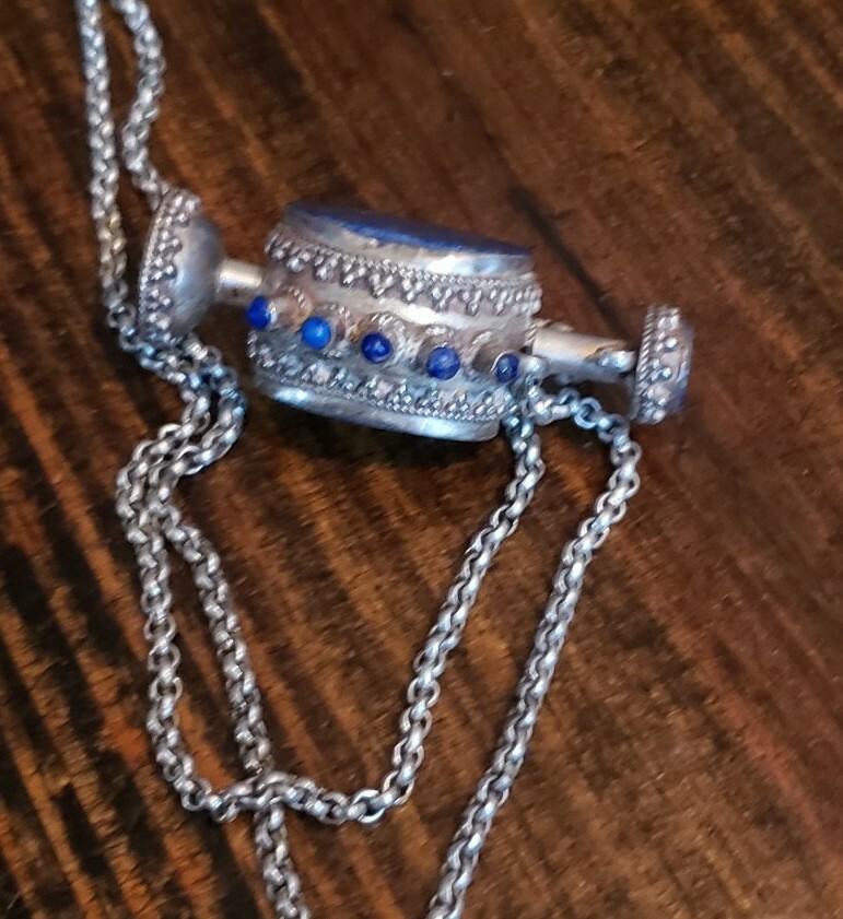 Vintage Sterling silver lapis Perfume Bottle Necklace 64 Grams