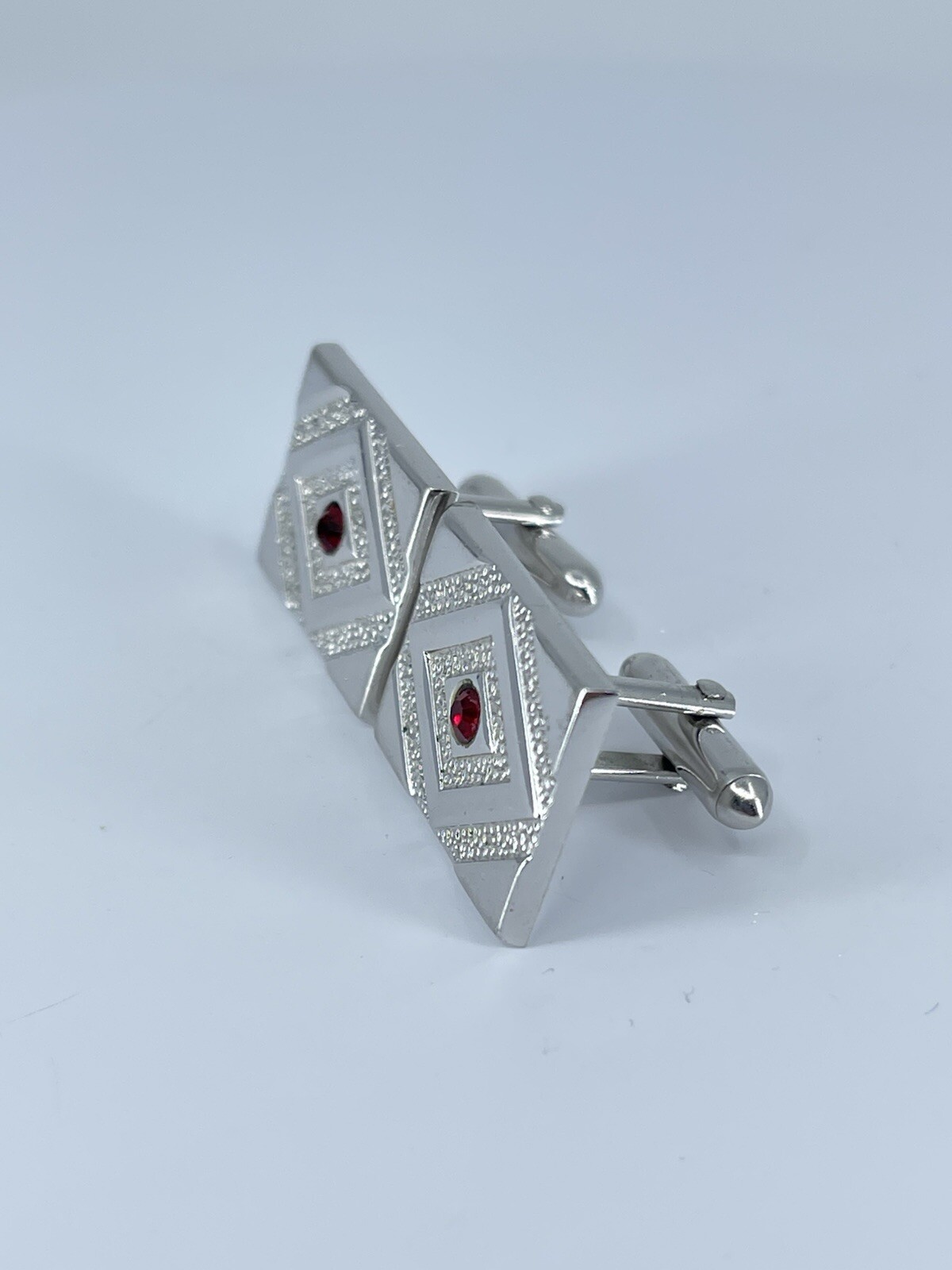 Swank rectangle cufflinks red rhinestone brushed polished silver tone