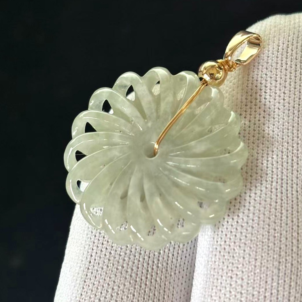 Natural Green Jade Jadeite Handmade Hollow-out Pendant Round, Free Necklace