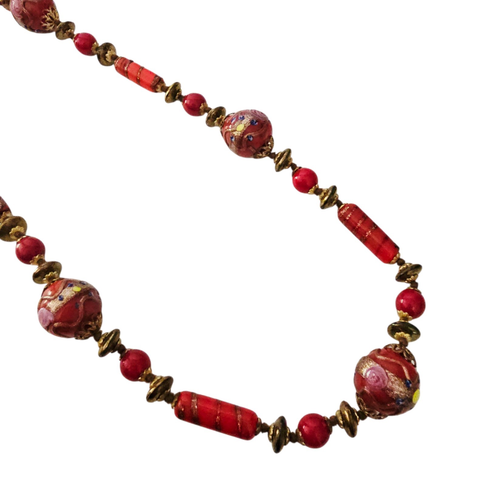 Venetian Murano Red Copper Wedding Cake Bead Necklace Hand Knot Vintage 30”