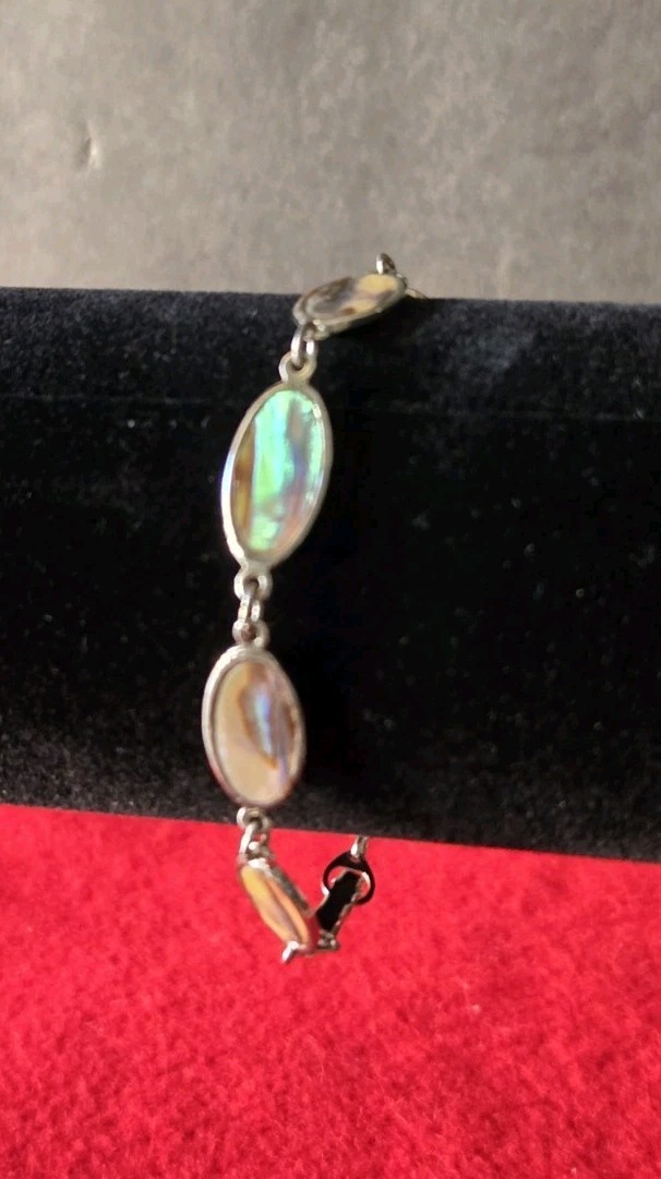 Vintage Abalone Shell Bracelet Oval Link Iridescent Paua Silver Tone
