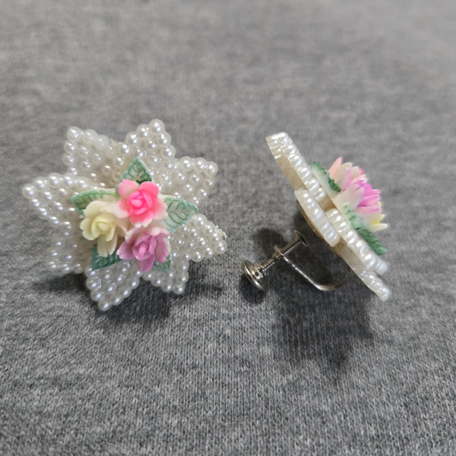 Vintage Screw Back Seed Bead Floral Cluster Earrings MCM Spring Easter Dress Up