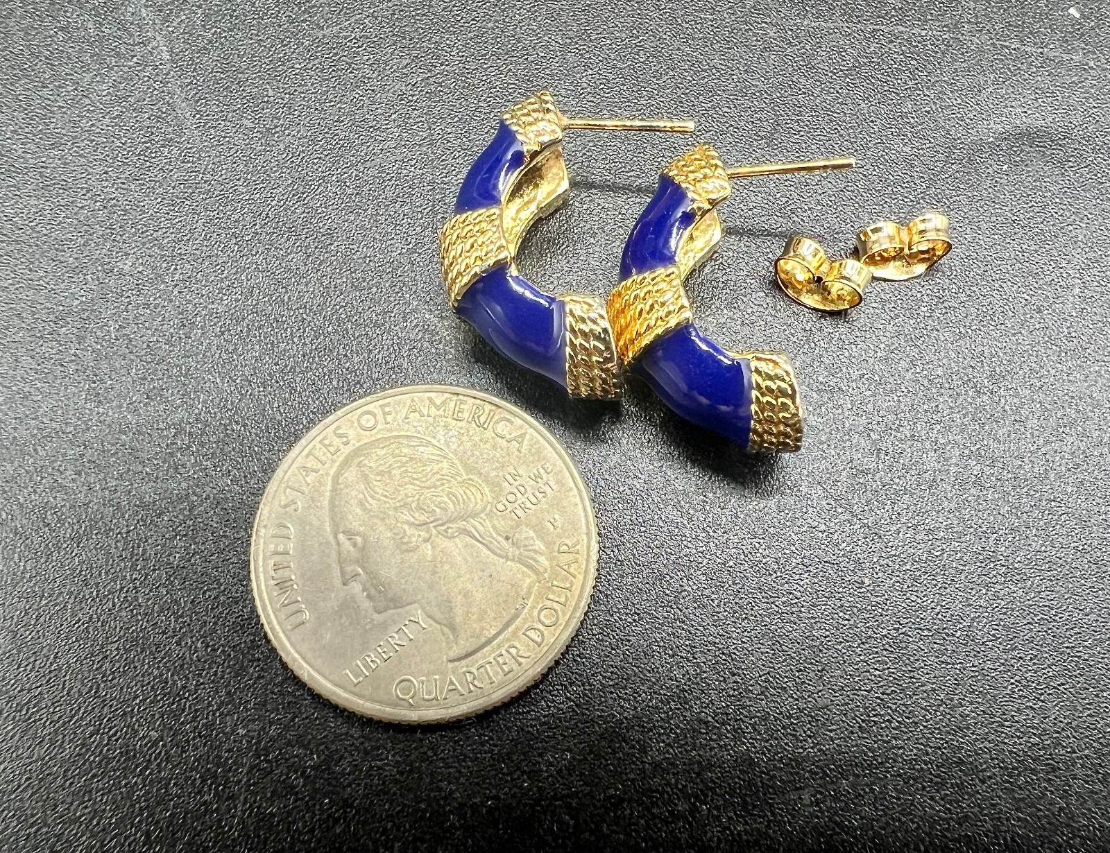 Vtg Gay Boyer Cobalt Blue Enamel J Hoop Earrings Gold Tone Rope Signed Statement