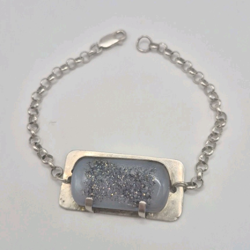Vintage Sterling Silver 925 Titanium Druzy Quartz Geode ID Bracelet 7″