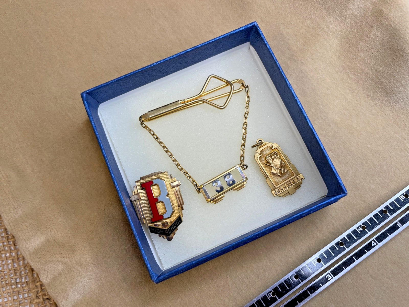 Suite of 3 Art Deco High School ’38 Swank? Tie Clip Lapel Pin “B” Balfour Charm