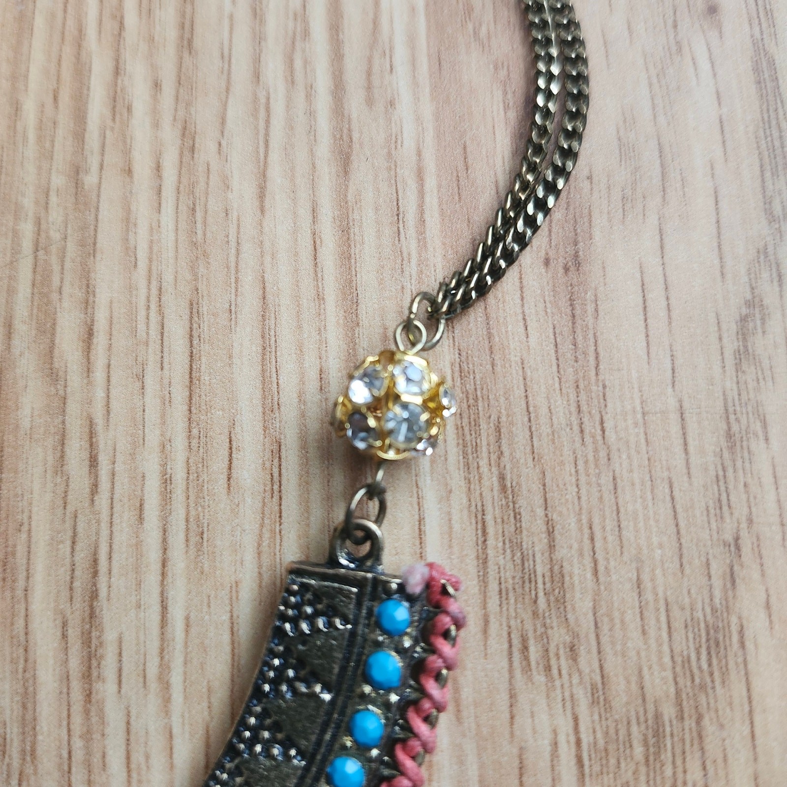Boho Tribal Bib Fringe Statement Necklace Turquoise Beads Rhinestones Gold Tone