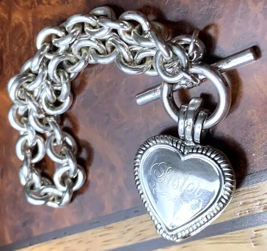 Vintage “Sister” JC Silver Plate Green Peridot Birthstone Ladies Heart Bracelet