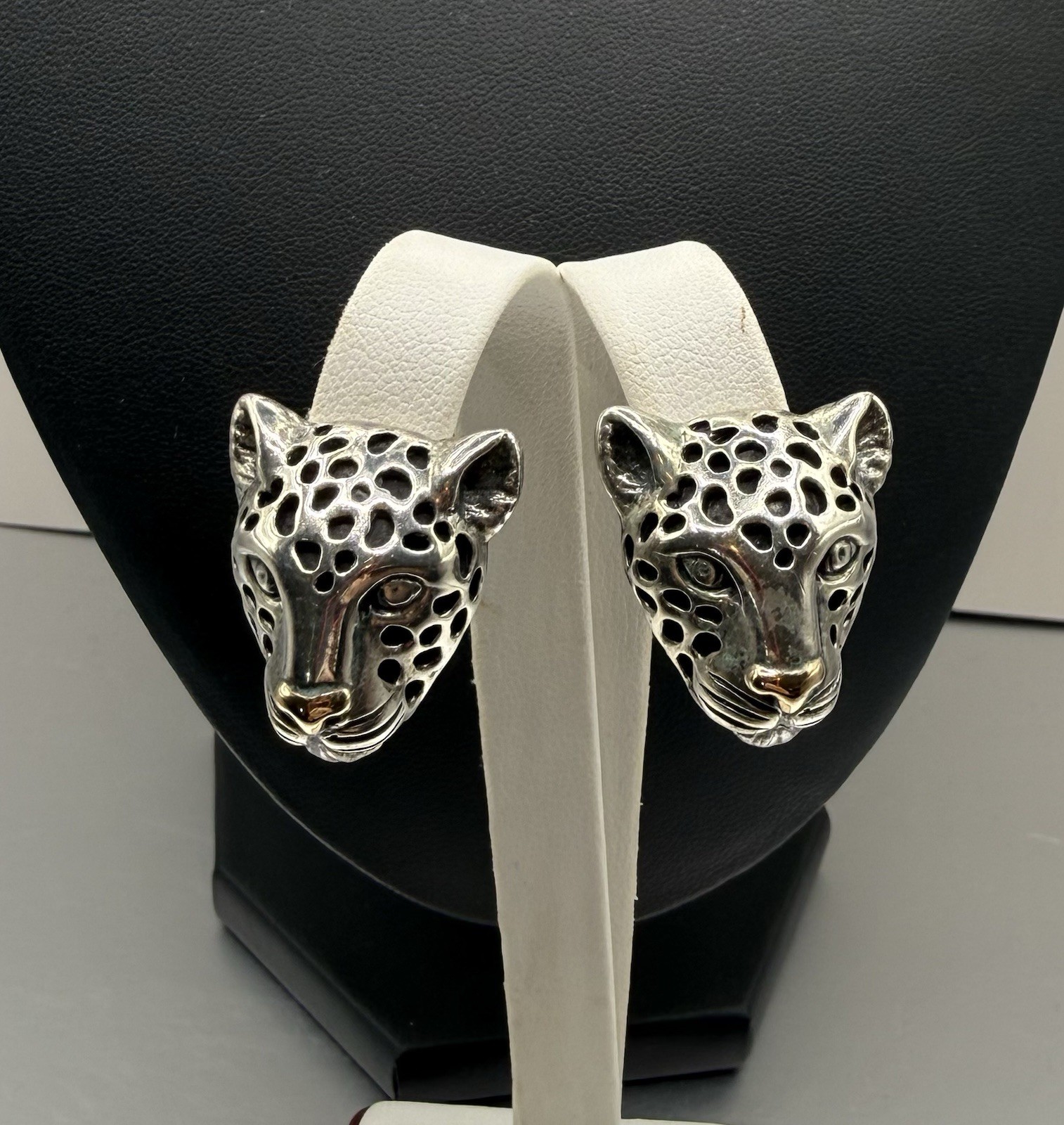 Dian Malouf Sterling Silver 925 & 14k Gold Leopard Head Clip on Earrings