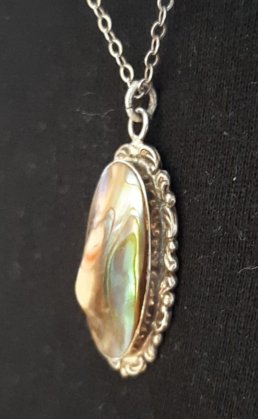 Vintg Pendant Necklace Blister Pearl Spiny Oyster Abalone Art Nouveau “STERLING”
