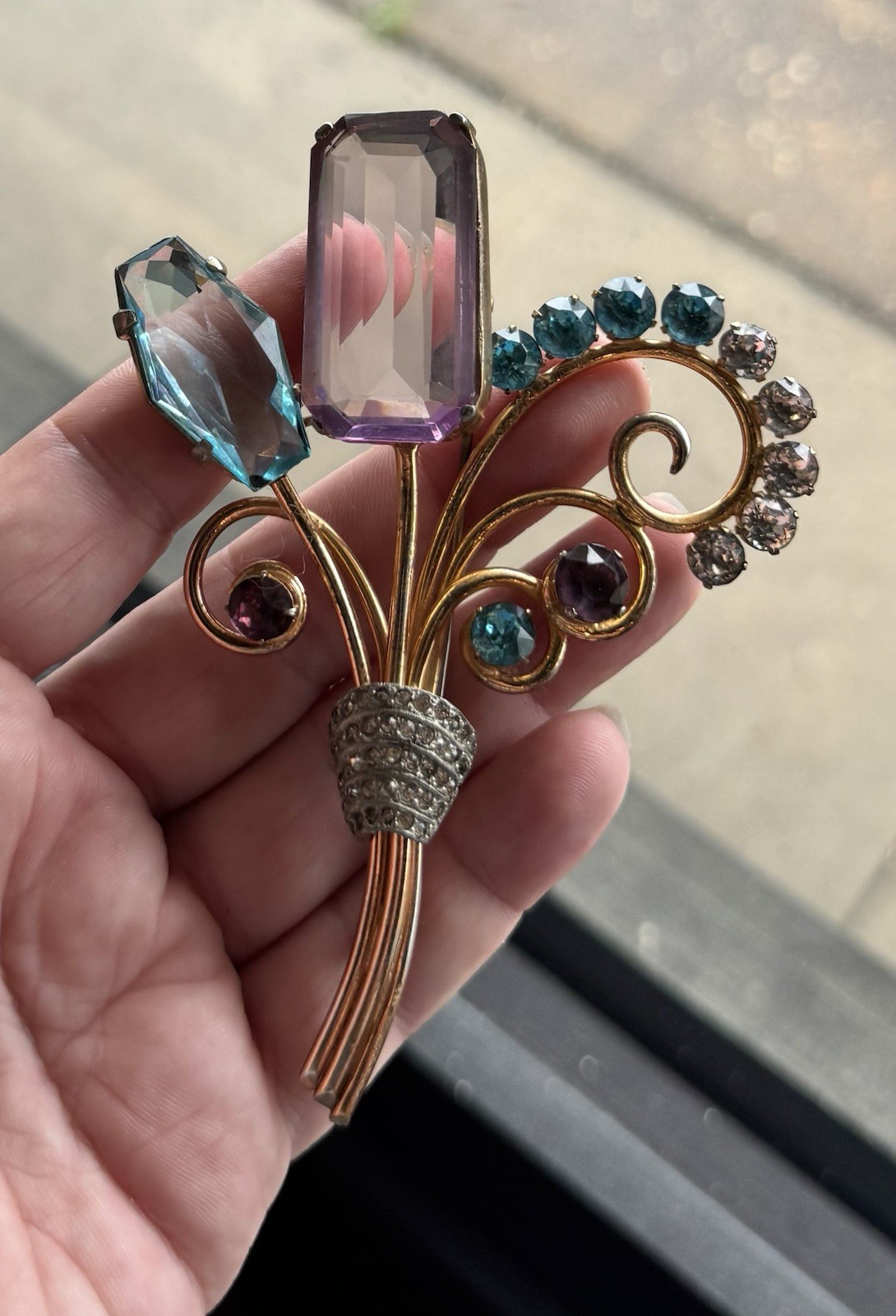 Vintage Les Glass Flower Bouquet Brooch Large Open Back Amethyst Aqua Spray HUGE