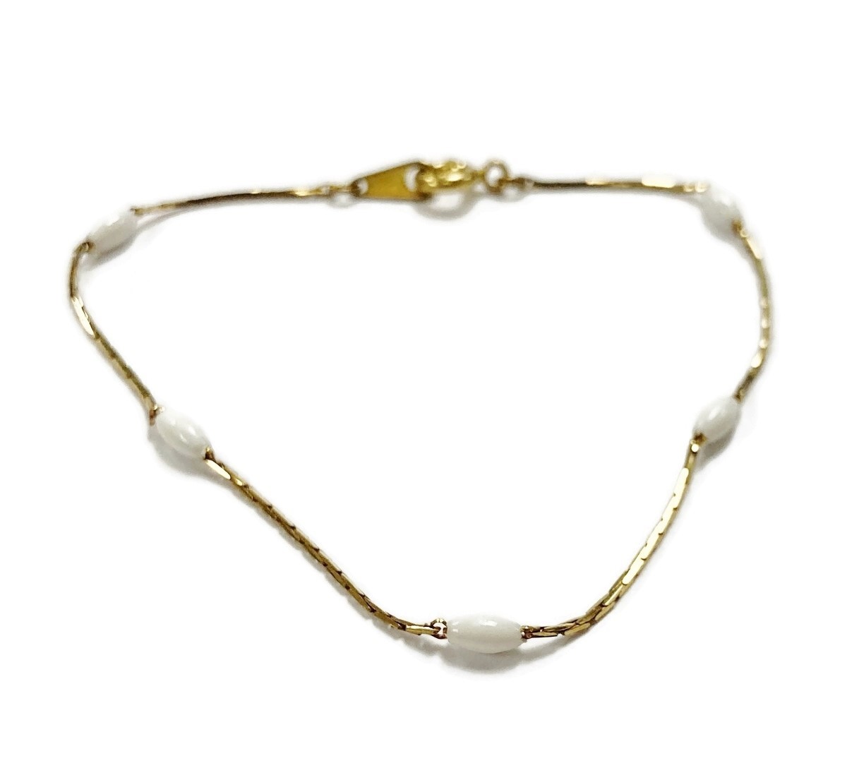 Vintage Japanese Brass Box Chain White Pearl Beaded 7″ Bracelet L521
