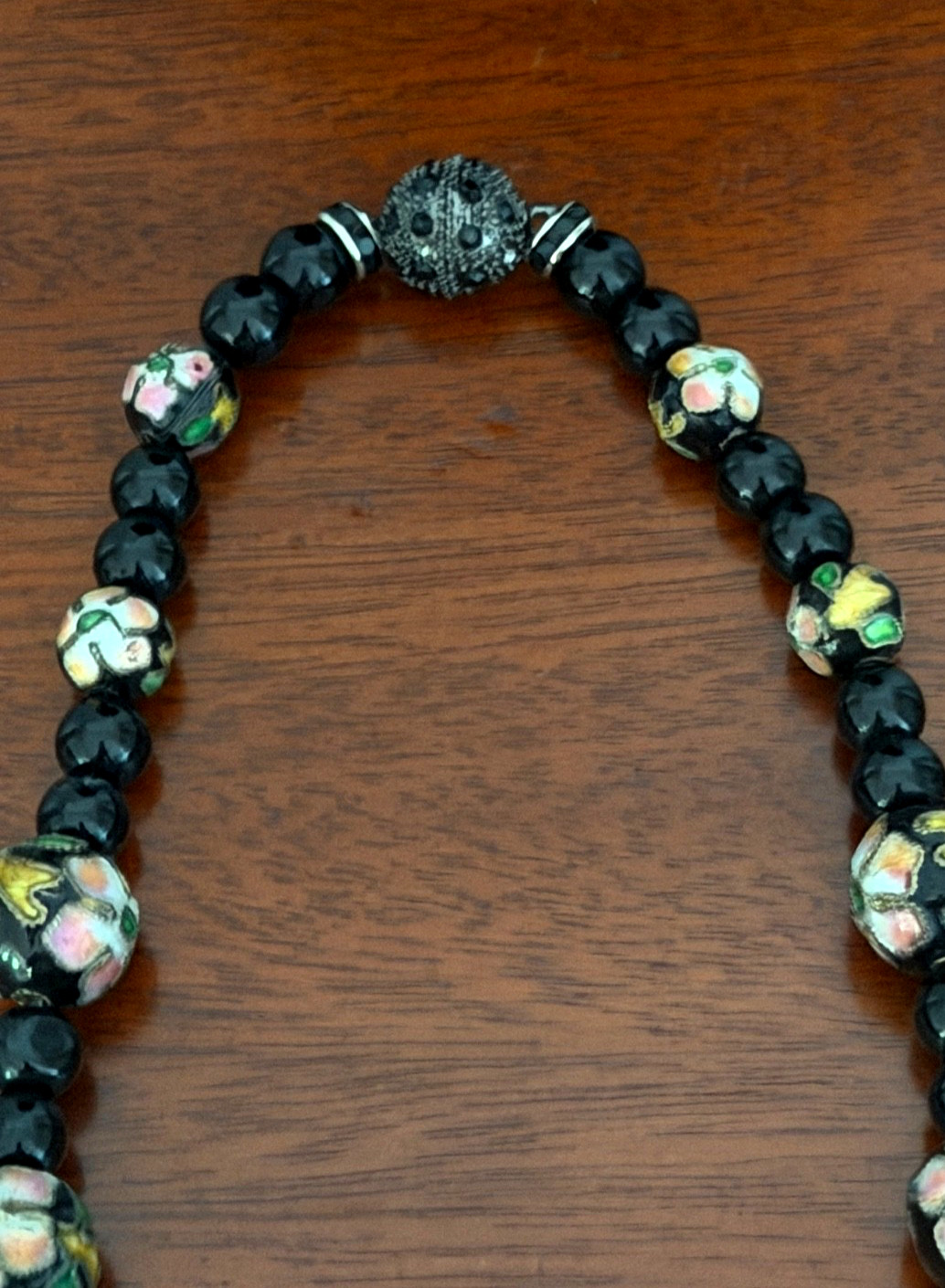 Vintage Black Glass Beads & Cloisonne Necklace Black Rhinestone Spacers 18 3/4″