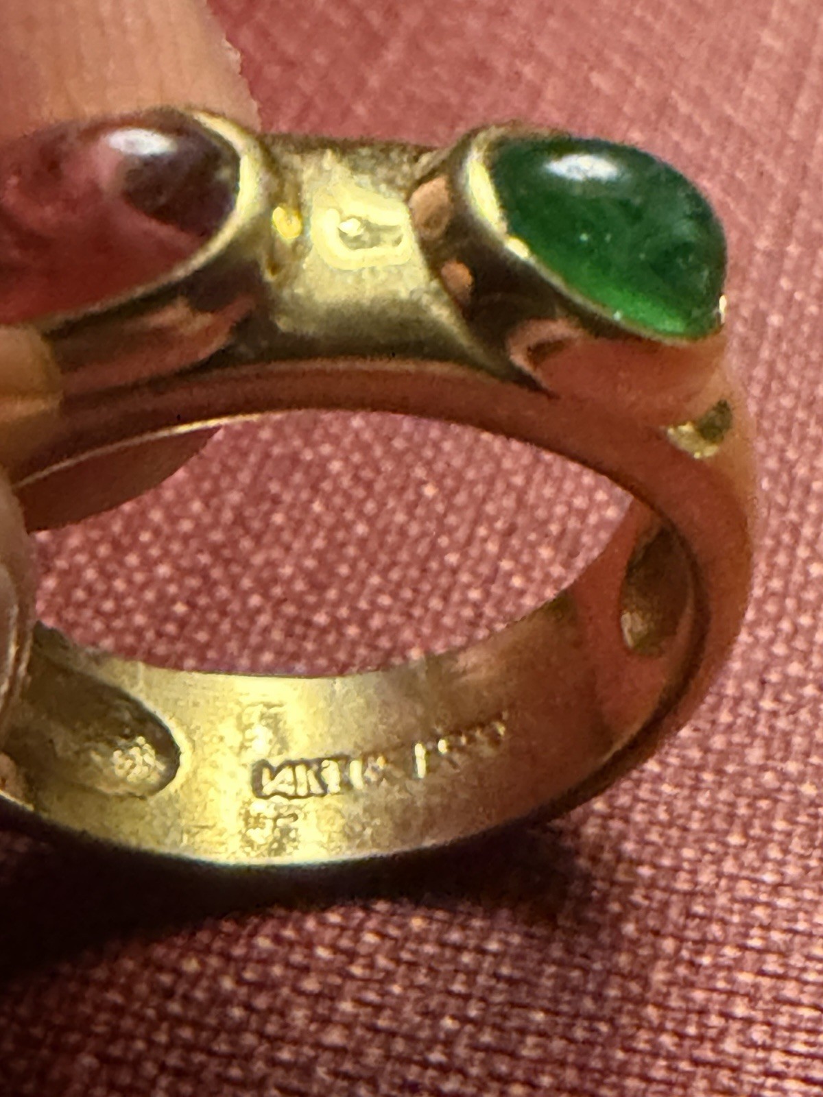 VTG 14 kt gold plated cabochon gemstones: a sapphire, a ruby, and an emerald, 6