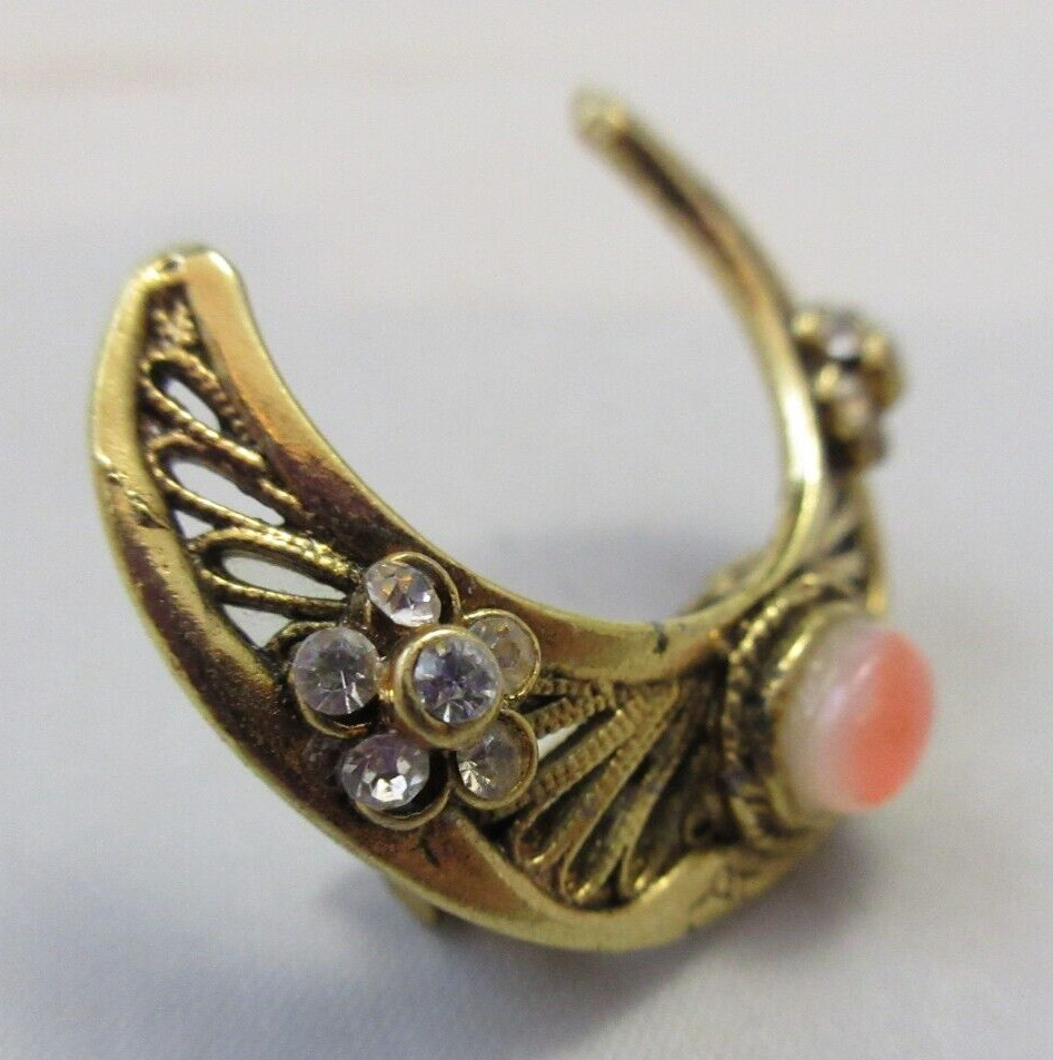 Vintage Tacoa Signed Crescent Moon Shape Clear Rhinestone Pink Cab Brooch