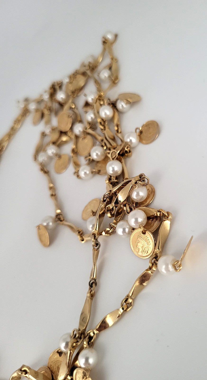 Vintage Dangle Coins & Faux Pearl Necklace Gold Tone Twist Bar Link Chain 54″